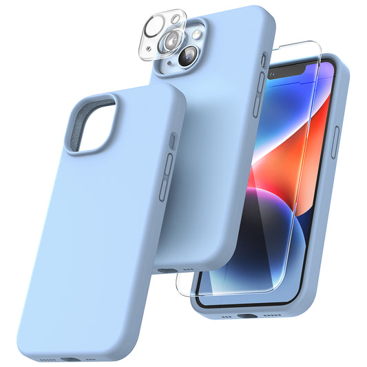 TOCOL [5 in 1] for iPhone 14 Plus Case, 2X Screen Protector + 2X Camera Lens Protector, Slim Liquid Silicone Phone Case iPhone 14 Plus 6.7 Inch, [Anti-Scratch] [Drop Protection], Sky Blue