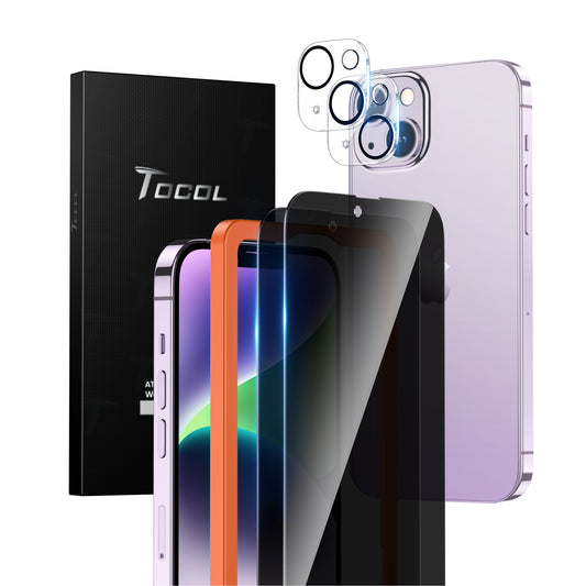 TOCOL [2+2] for iPhone 14 Plus Privacy Screen Protector 6.7''- 2X Privacy Tempered Glass Screen Protector & 2X Camera Lens Protector, Bubble Free, 10X Shockproof, Installation Frame, [Anti-Spy]