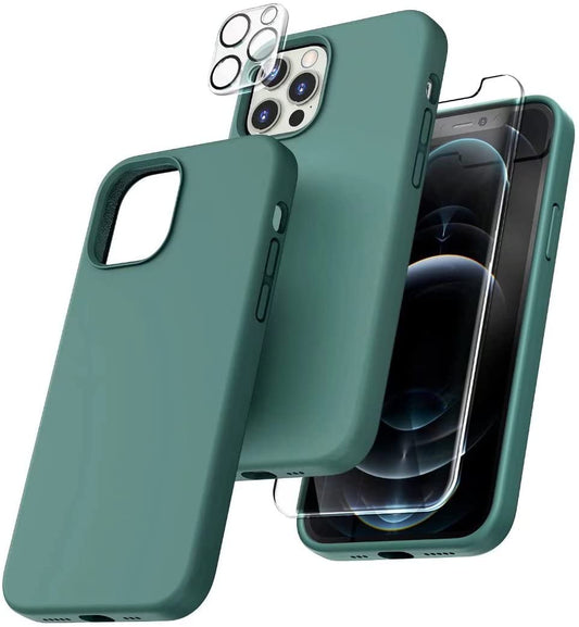 TOCOL [5 in 1] for iPhone 12 Pro Max Case, with 2 Pack Screen Protector + 2 Pack Camera Lens Protector, Liquid Silicone Slim Shockproof Cover [Anti-Scratch] [Drop Protection], Midnight Green