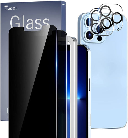 TOCOL [2+2 Pack] Compatible with iPhone 13 Pro Max 6.7'' - 2 Pack Privacy Tempered Glass Screen Protector & 2 Pack Camera Lens Protector, Bubble Free, Case Friendly, Installation Frame, [Anti-Spy]