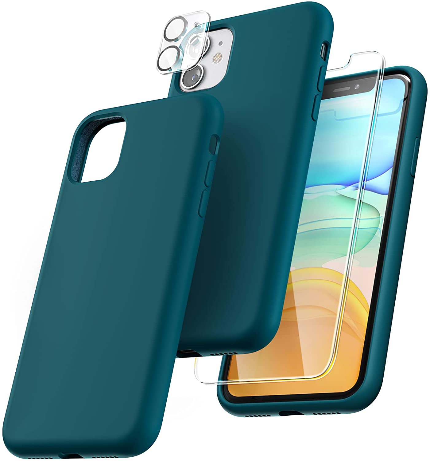 TOCOL [5 in 1] Designed for iPhone 11 Case, with 2 Pack Screen Protector +  2 Pack Camera Lens Protector, Liquid Silicone Slim Shockproof Cover 