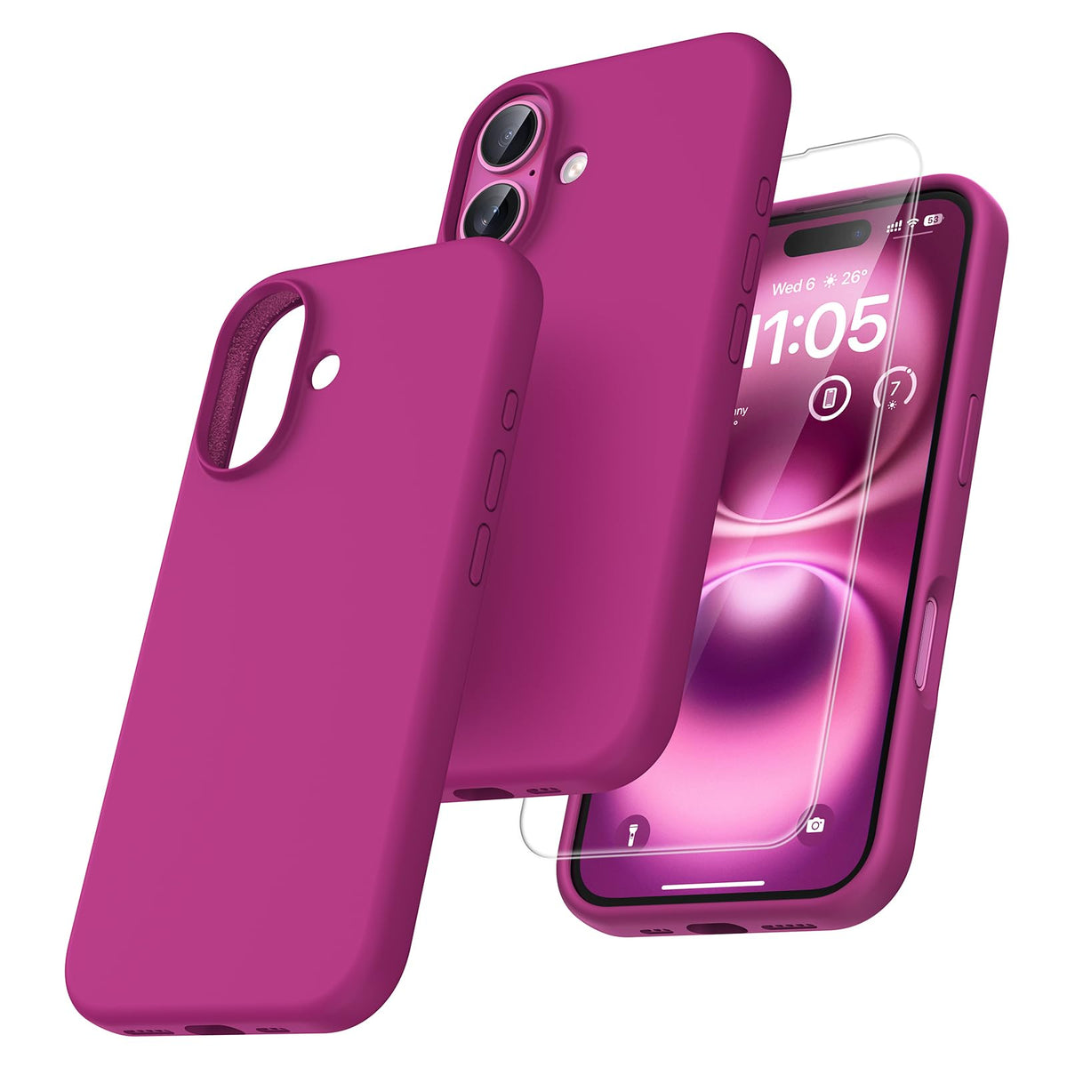 TOCOL 3 in 1 Silicone for iPhone 16 Case 6.1-Inch, with 2 Pack HD Tempered Glass Screen Protector, Liquid Silicone Slim Silky-Soft Touch [Multi-Color] [Anti-Scratch] Shockproof Cover, Hot Pink