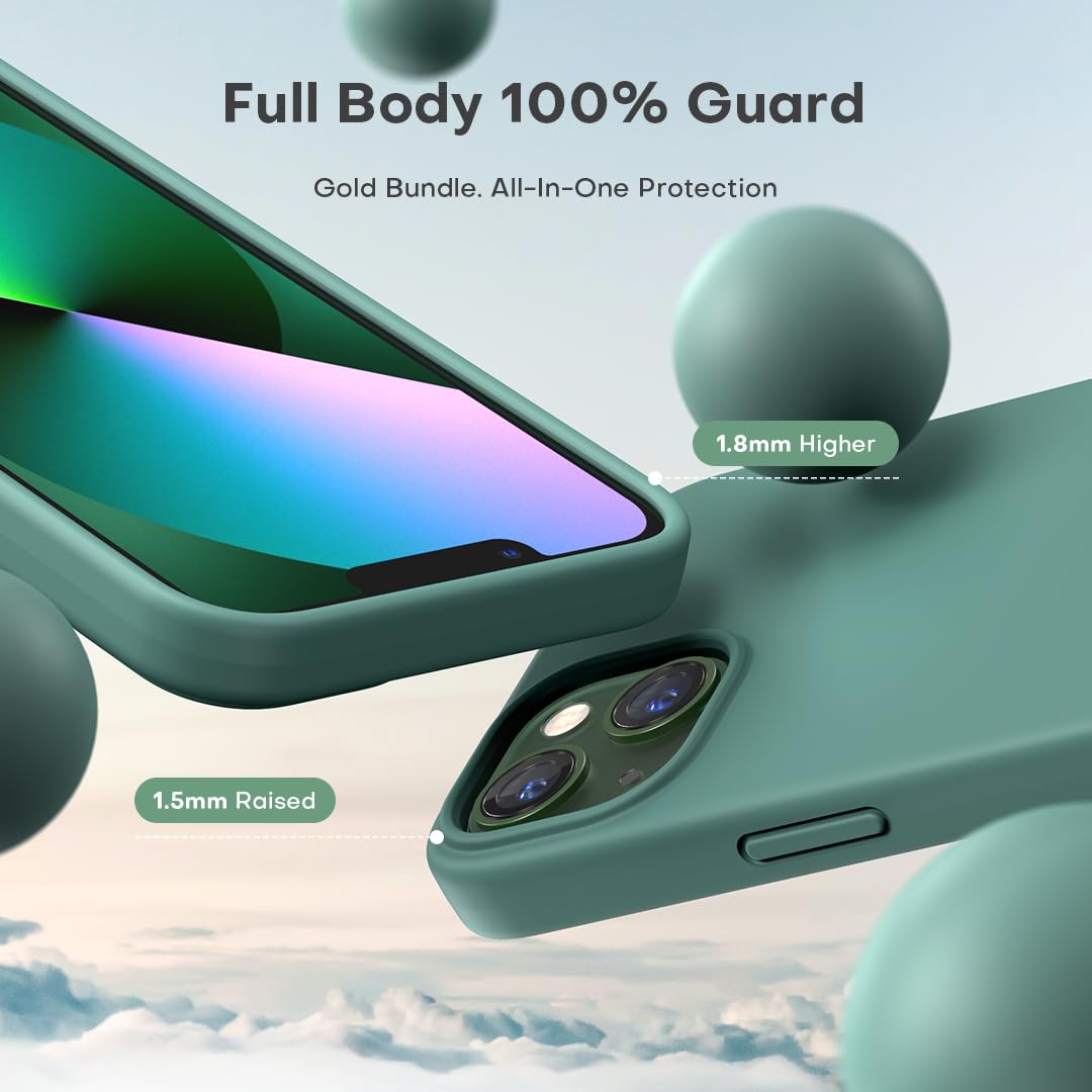 TOCOL 5 in 1 for iPhone 13 Case, with 2 Pack Screen Protector + 2 Pack Camera Lens Protector, Liquid Silicone Phone Case for iPhone 13, Midnight Green