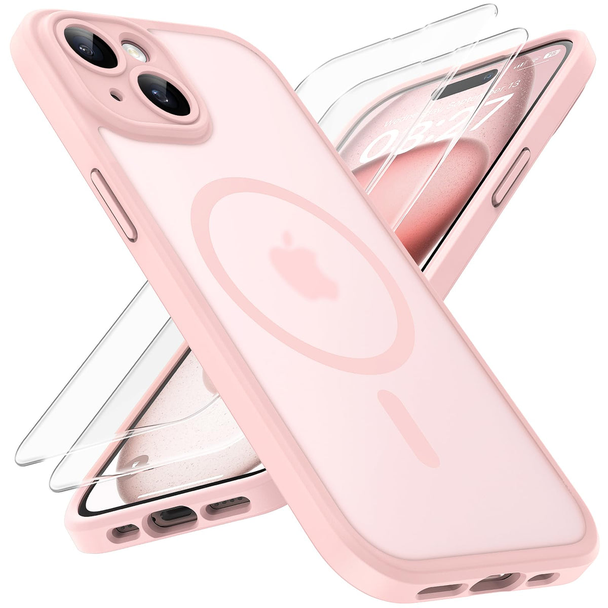 TOCOL 3 in 1 Magnetic for iPhone 15 Plus Case, Upgraded [Full Camera Protection] with 2 Screen Protector, Fit for MagSafe, [Military Grade Drop Tested] Slim Translucent Matte Back Cover 6.7", Pink