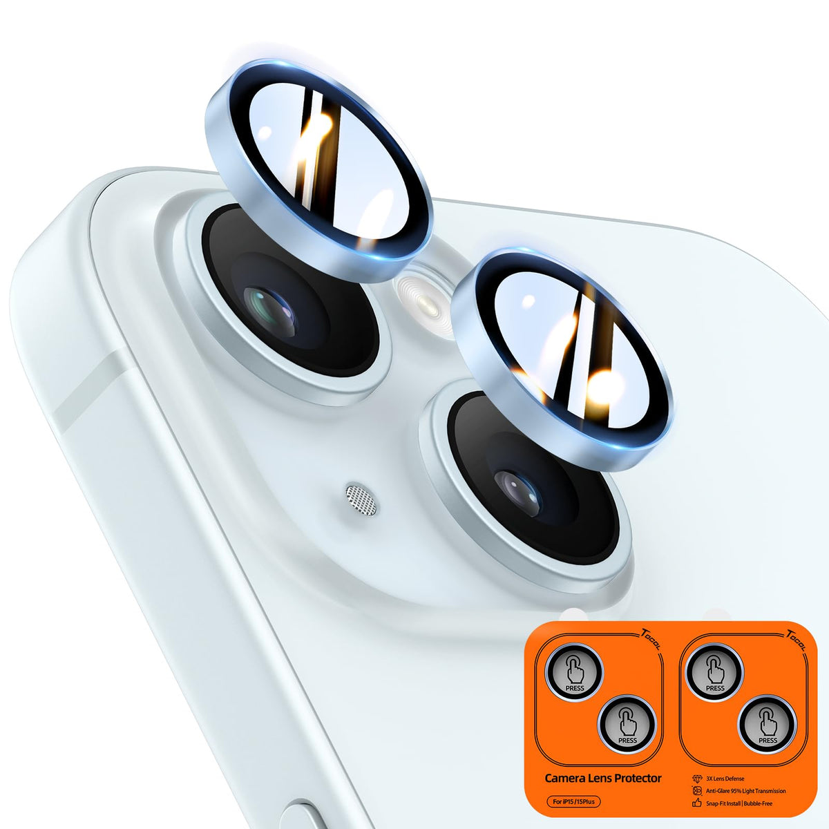 TOCOL Camera Lens Protector for iPhone 15 / iPhone 15 Plus Tempered Glass HD Individual Scratch Resistant Camera Cover Accessories Case Friendly 2 Pack（Light Blue）