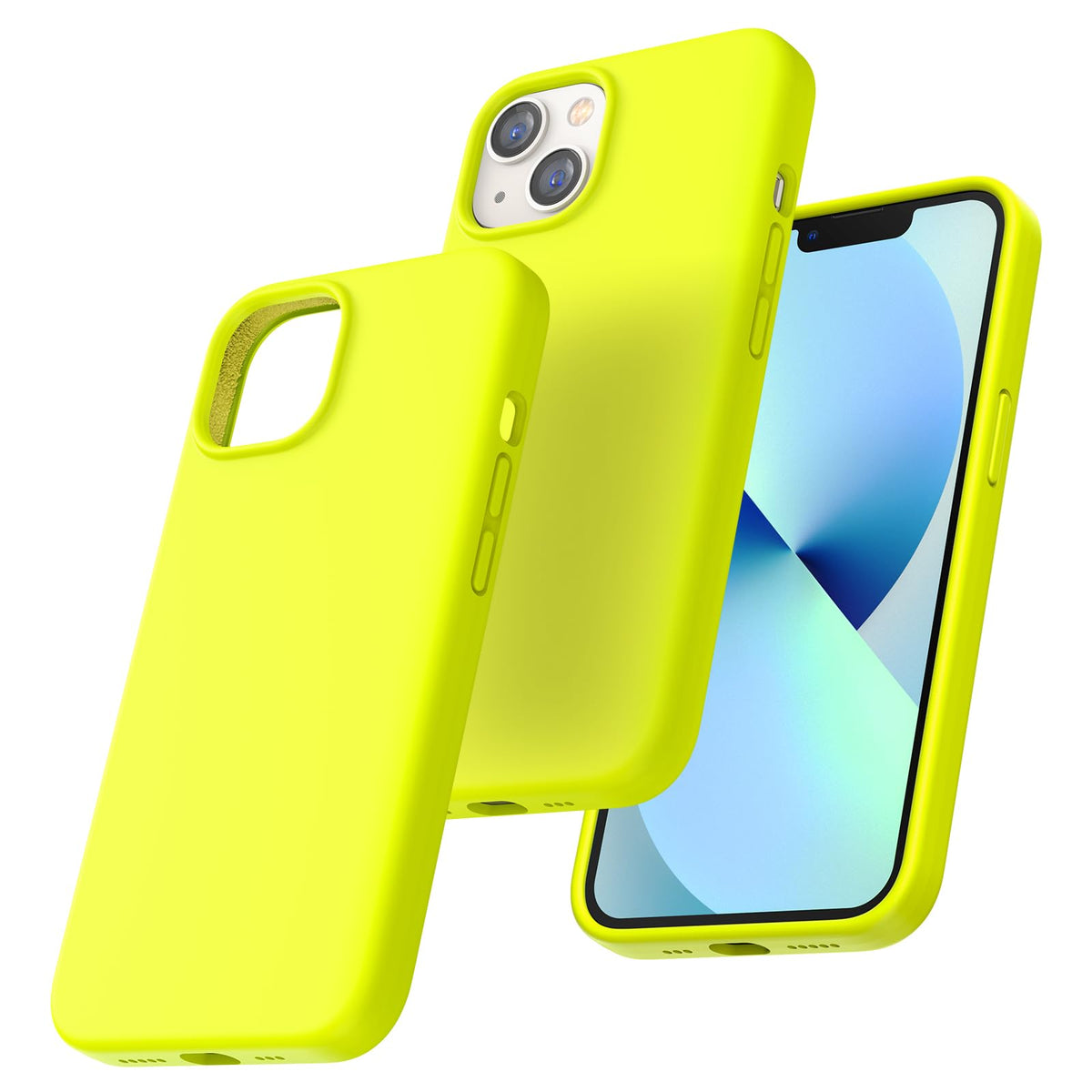 TOCOL 5 in 1 for iPhone 13 Case, with 2 Pack Screen Protector + 2 Pack Camera Lens Protector, Liquid Silicone Phone Case for iPhone 13, Fluorescent Yellow