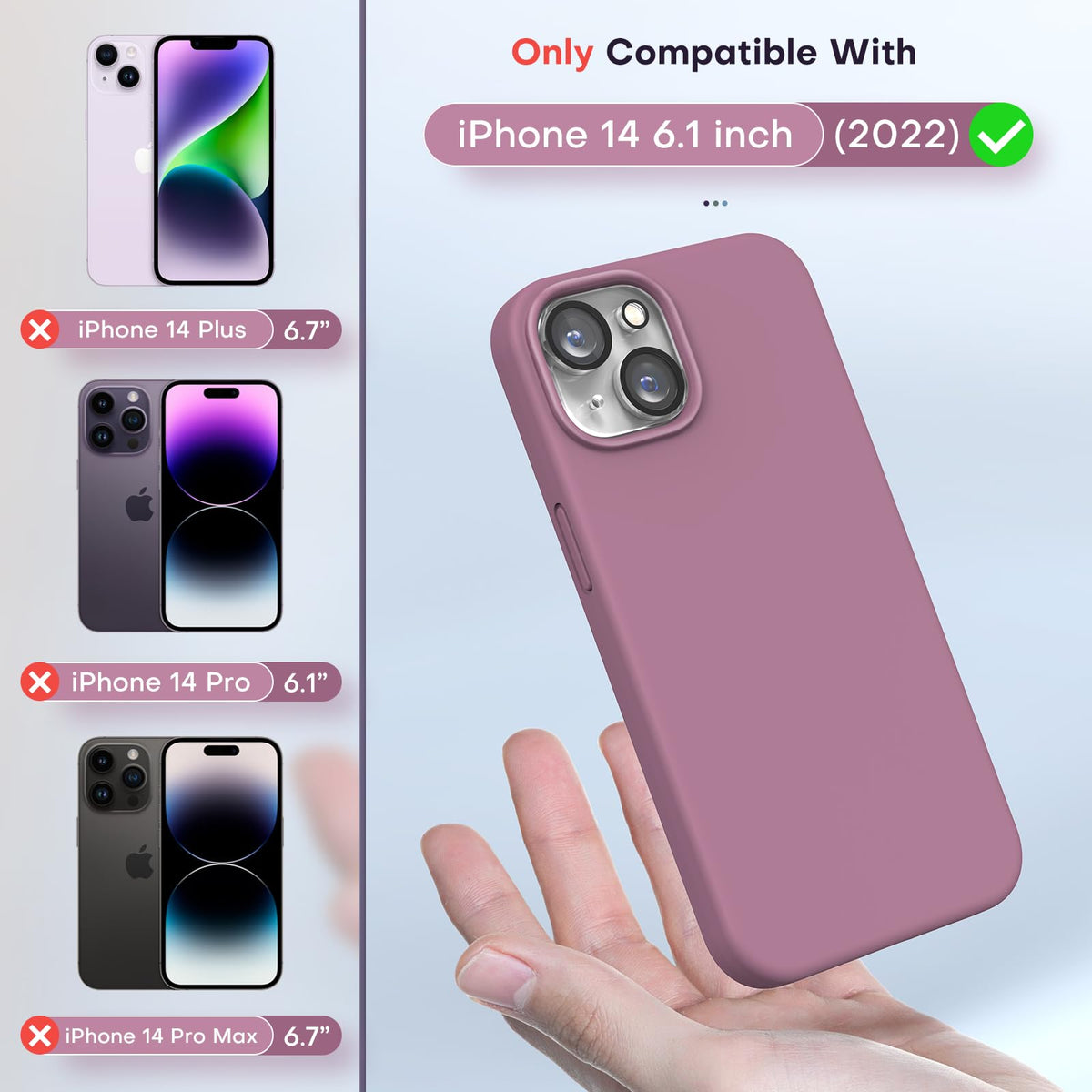 TOCOL 5 in 1 for iPhone 14 Case, with 2 Pack Screen Protector + 2 Pack Camera Lens Protector, Liquid Silicone Phone Case for iPhone 14, Lilac Purple
