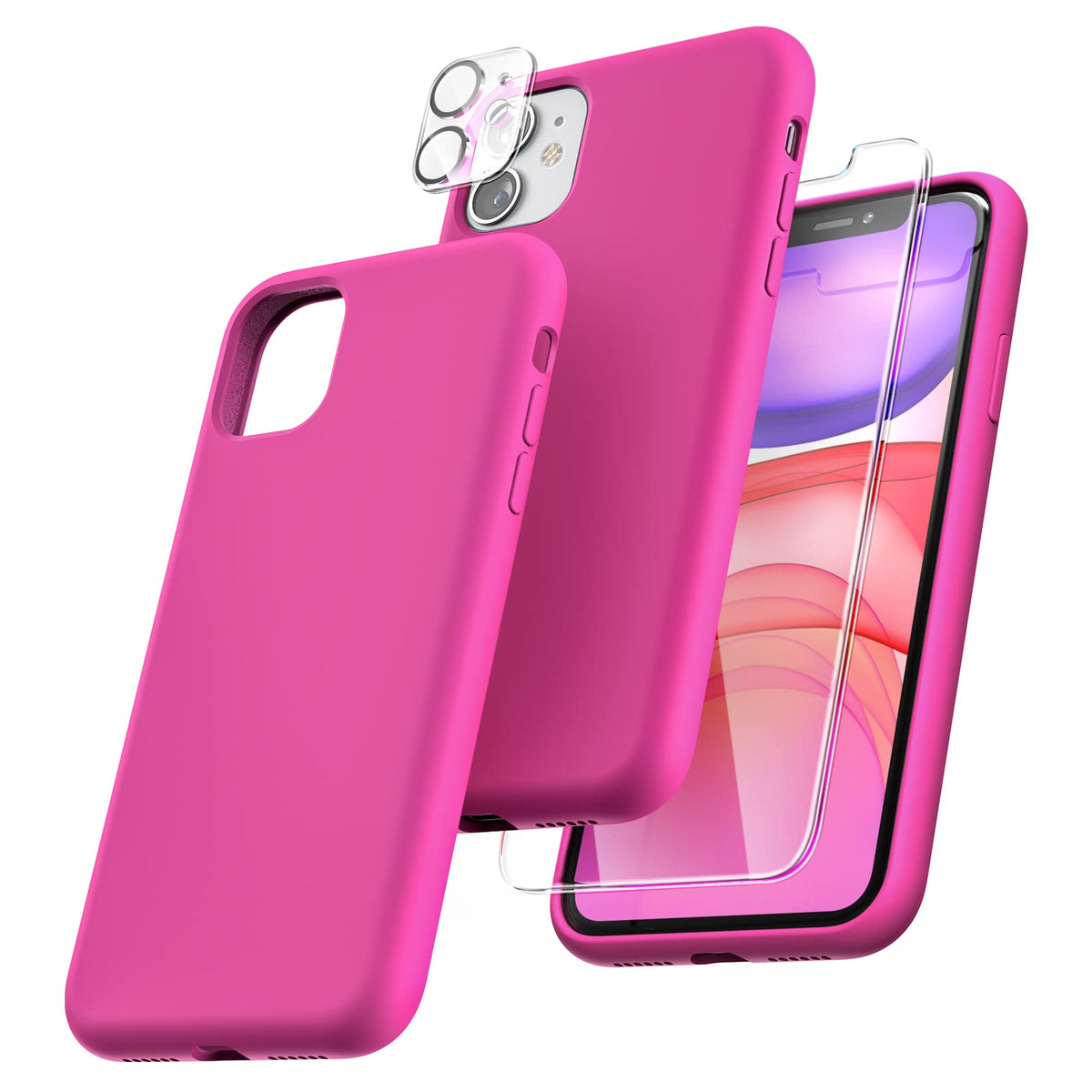 TOCOL [5 in 1 Designed for iPhone 11 Case, with 2 Pack Screen Protector + 2 Pack Camera Lens Protector, Liquid Silicone Slim Shockproof Cover [Anti-Scratch] [Drop Protection], Hot Pink
