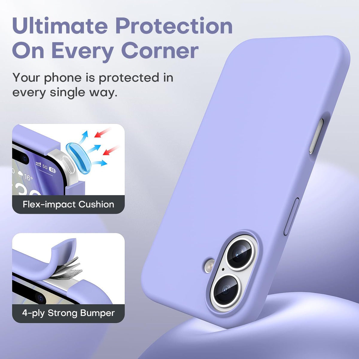 TOCOL Silicone Case for iPhone 16, Shockproof, Non-Slip, Anti-Fingerprint, Scratch-Resistant Mobile Phone Case for iPhone 16, Purple