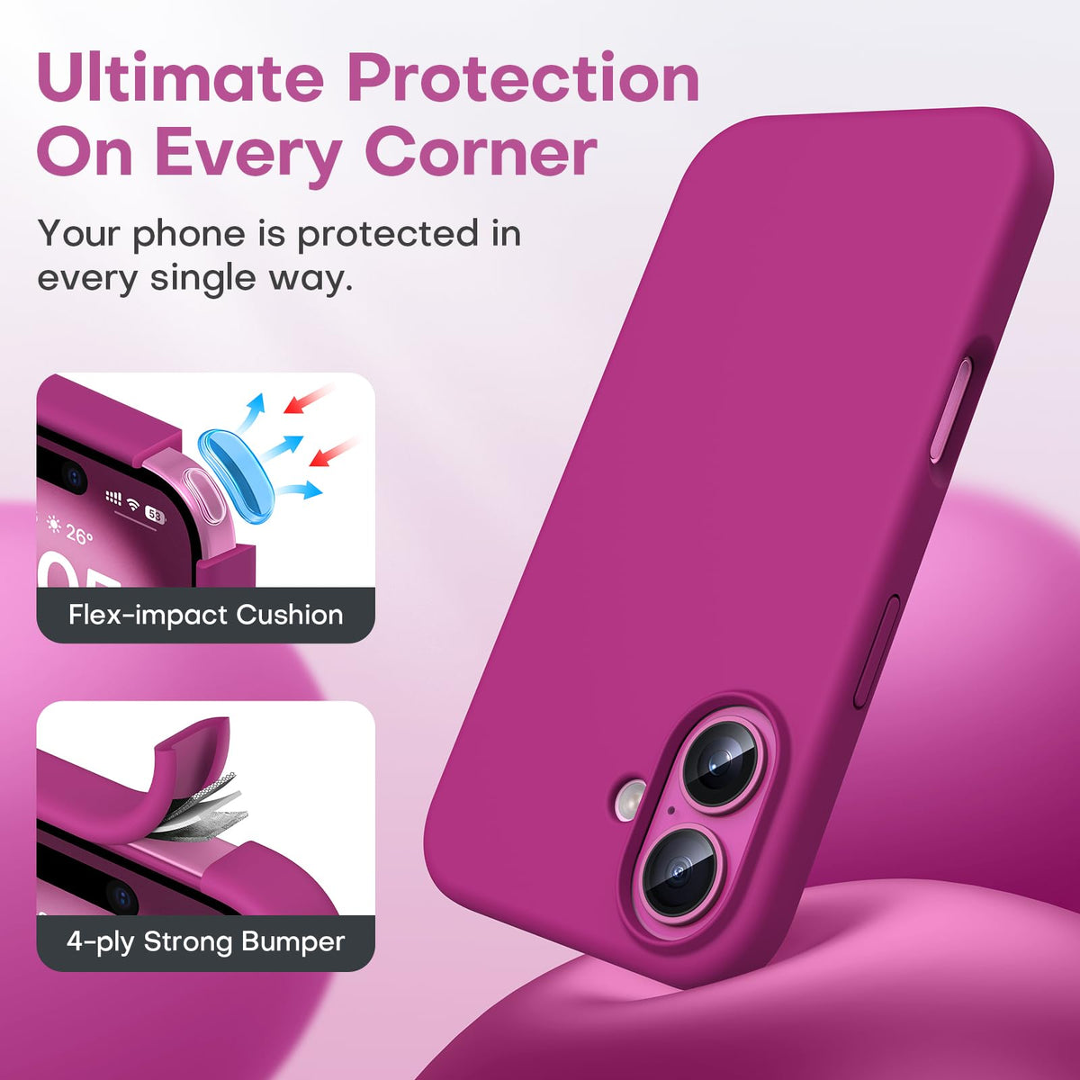 TOCOL 3 in 1 Silicone for iPhone 16 Case 6.1-Inch, with 2 Pack HD Tempered Glass Screen Protector, Liquid Silicone Slim Silky-Soft Touch [Multi-Color] [Anti-Scratch] Shockproof Cover, Hot Pink