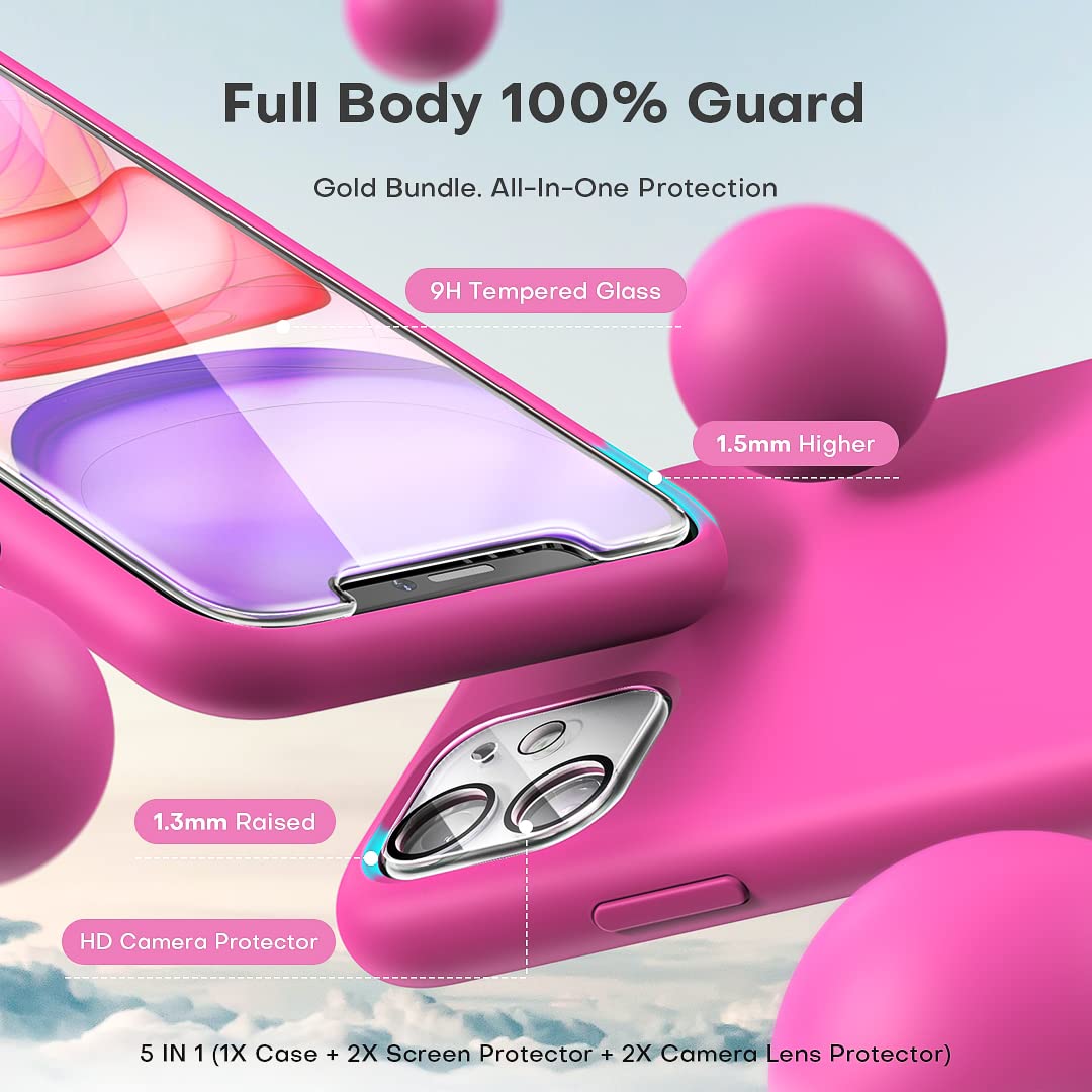 TOCOL [5 in 1 Designed for iPhone 11 Case, with 2 Pack Screen Protector + 2 Pack Camera Lens Protector, Liquid Silicone Slim Shockproof Cover [Anti-Scratch] [Drop Protection], Hot Pink