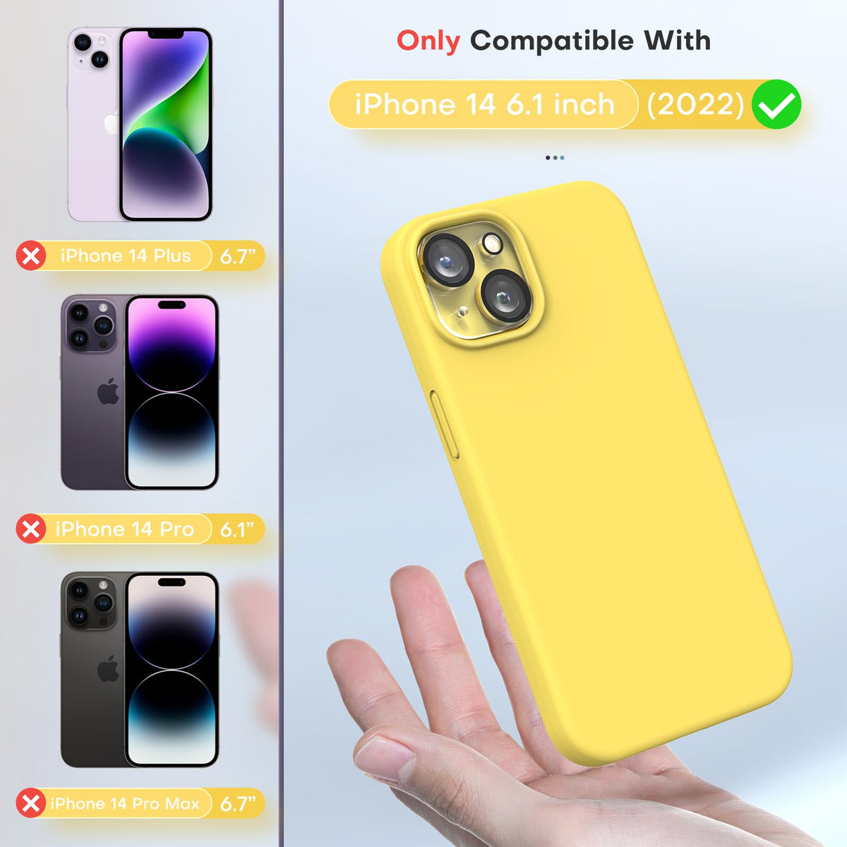 TOCOL 5 in 1 for iPhone 14 Case, with 2 Pack Screen Protector + 2 Pack Camera Lens Protector, Liquid Silicone Phone Case for iPhone 14, Yellow