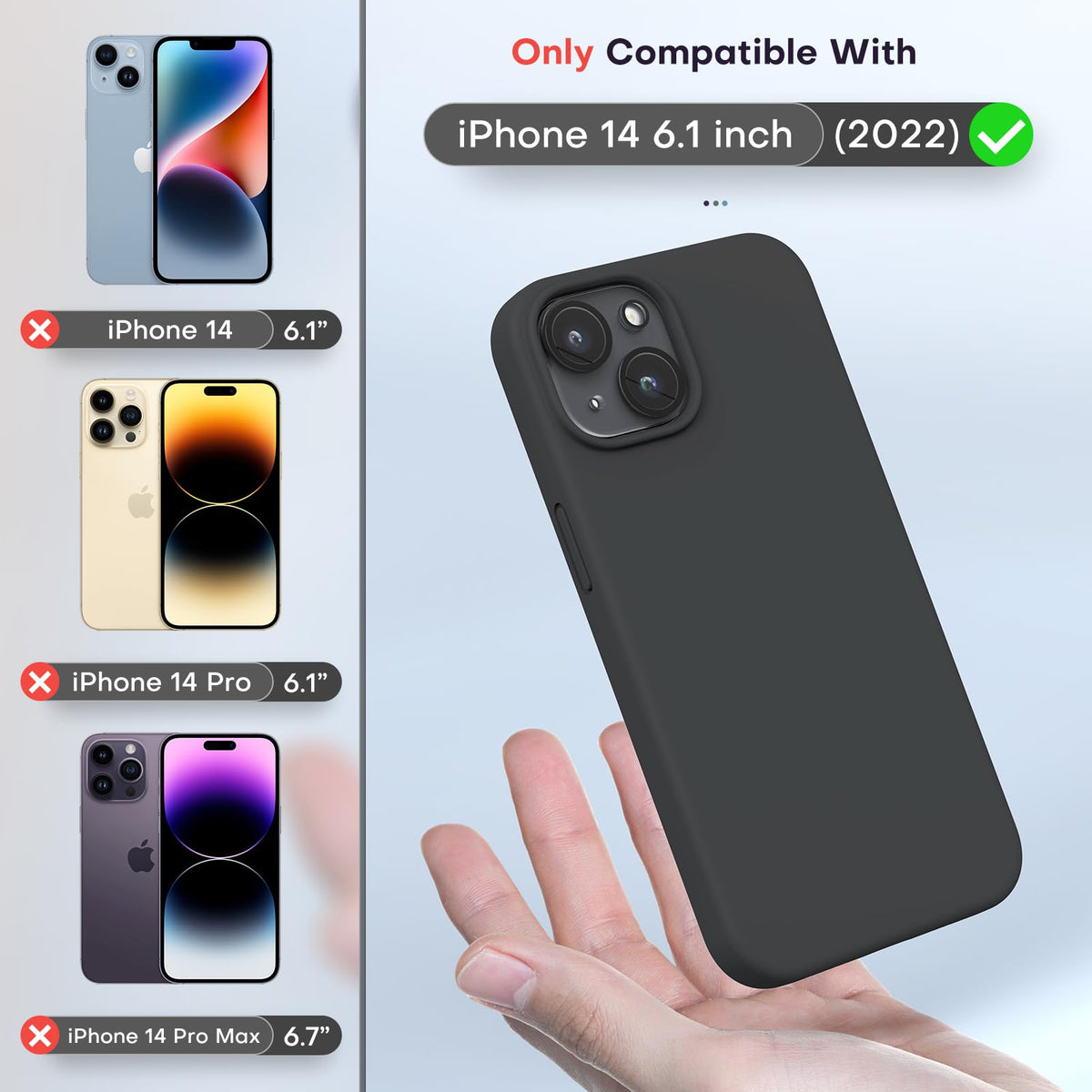 TOCOL 5 in 1 for iPhone 14 Case, with 2 Pack Screen Protector + 2 Pack Camera Lens Protector, Liquid Silicone Phone Case for iPhone 14, Black