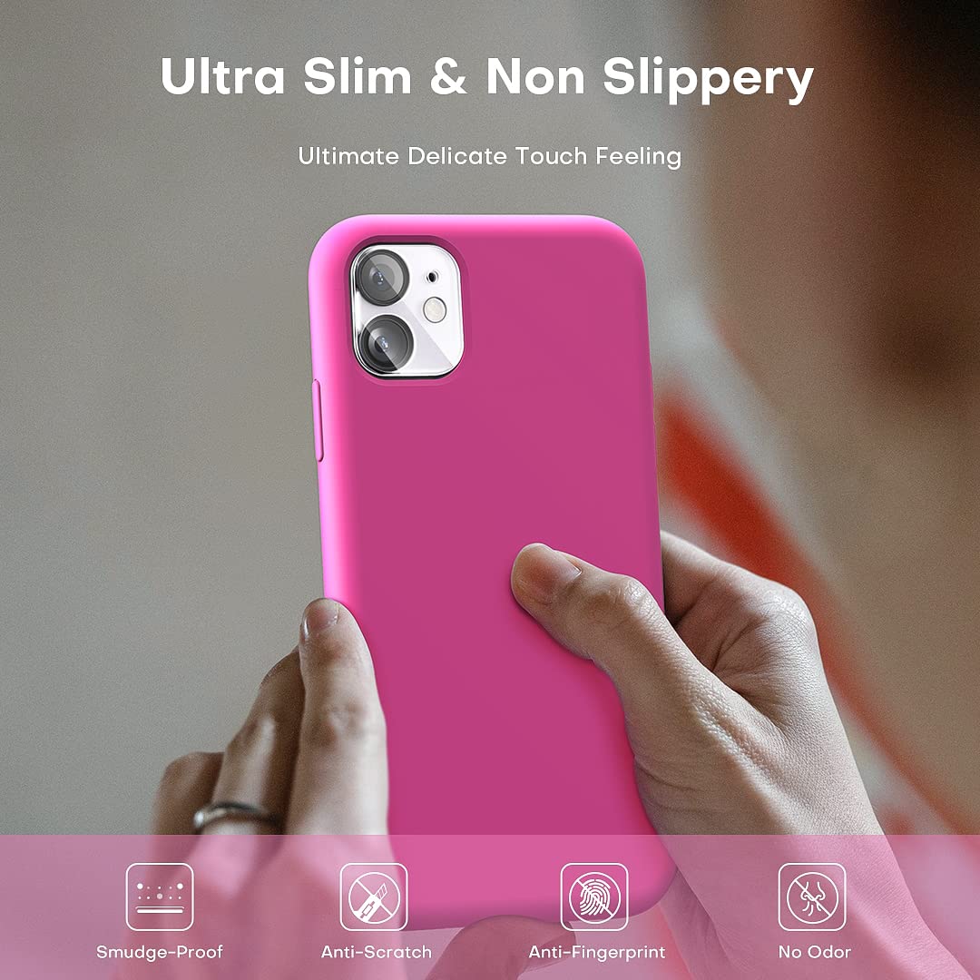 TOCOL [5 in 1 Designed for iPhone 11 Case, with 2 Pack Screen Protector + 2 Pack Camera Lens Protector, Liquid Silicone Slim Shockproof Cover [Anti-Scratch] [Drop Protection], Hot Pink