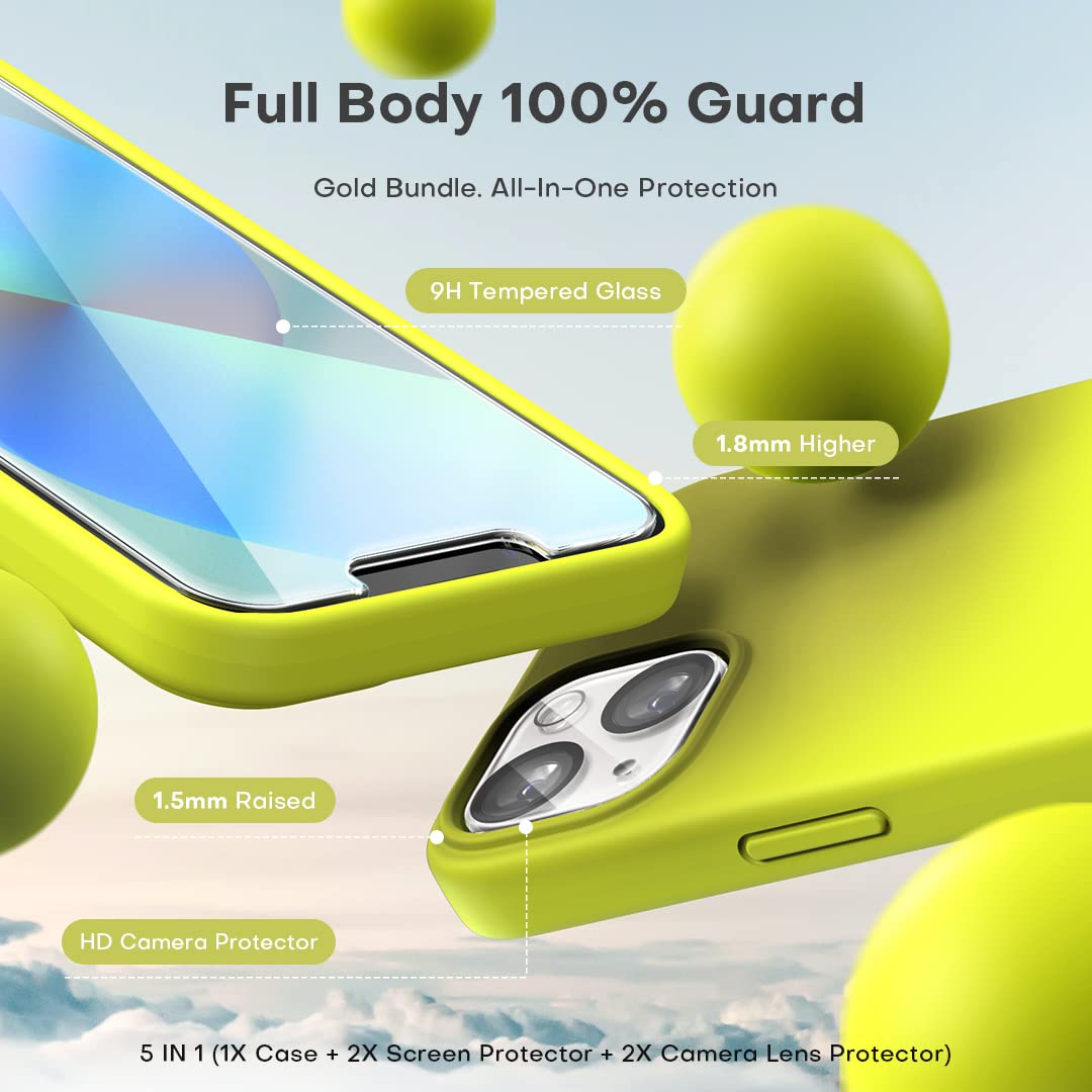 TOCOL 5 in 1 for iPhone 13 Case, with 2 Pack Screen Protector + 2 Pack Camera Lens Protector, Liquid Silicone Phone Case for iPhone 13, Fluorescent Yellow