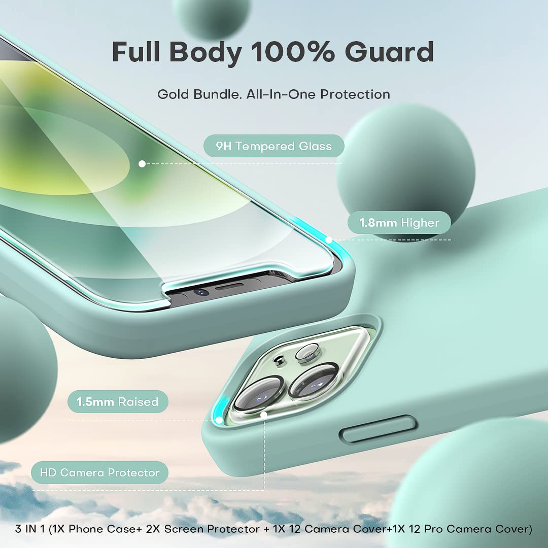 TOCOL 5 in 1 for iPhone 12 Case/iPhone 12 Pro Case 6.1", with 2 Pack Screen Protector + 2 Pack Camera Lens Protector, Silicone Slim Shockproof Cover [Anti-Scratch] [Drop Protection], Mint Green