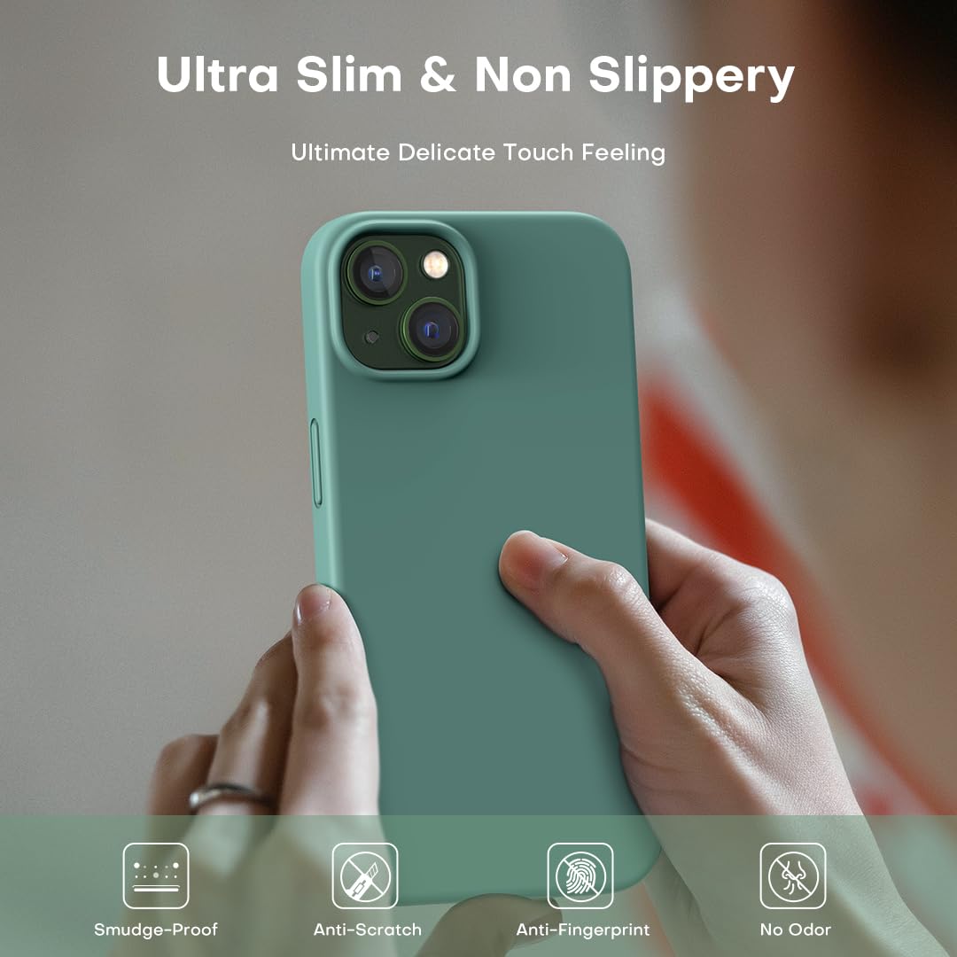TOCOL 5 in 1 for iPhone 13 Case, with 2 Pack Screen Protector + 2 Pack Camera Lens Protector, Liquid Silicone Phone Case for iPhone 13, Midnight Green
