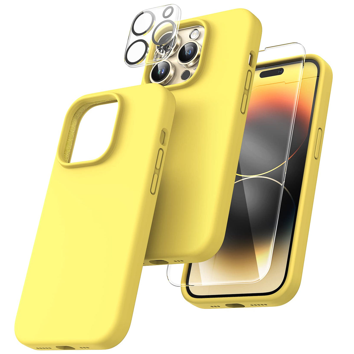 TOCOL [5 in 1 Designed for iPhone 14 Pro Case, with 2 Pack Screen Protector + 2 Pack Camera Lens Protector, Liquid Silicone Phone Case 6.1 Inch, [Anti-Scratch] [Drop Protection], Canary Yellow