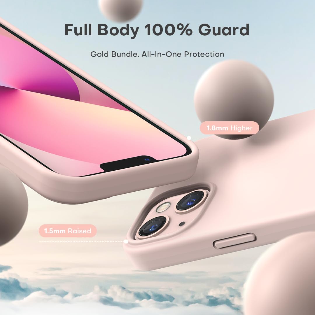 TOCOL 5 in 1 for iPhone 13 Case, with 2 Pack Screen Protector + 2 Pack Camera Lens Protector, Liquid Silicone Phone Case for iPhone 13, Pink