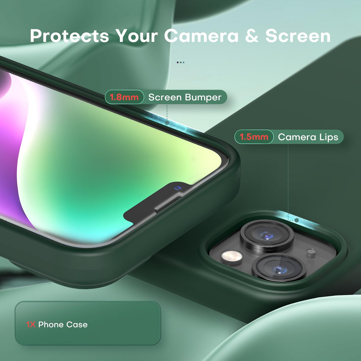 TOCOL 5 in 1 for iPhone 14 Case, with 2 Pack Screen Protector + 2 Pack Camera Lens Protector, Liquid Silicone Phone Case for iPhone 14, Alpine Green