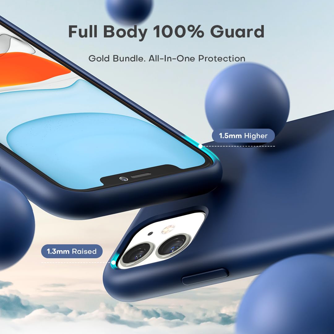 TOCOL 5 in 1 Designed for iPhone 11 Case, with 2 Pack Screen Protector + 2 Pack Camera Lens Protector, Liquid Silicone Slim [Anti-Scratch] [Drop Protection] for iPhone 11 Phone Case, Navy Blue