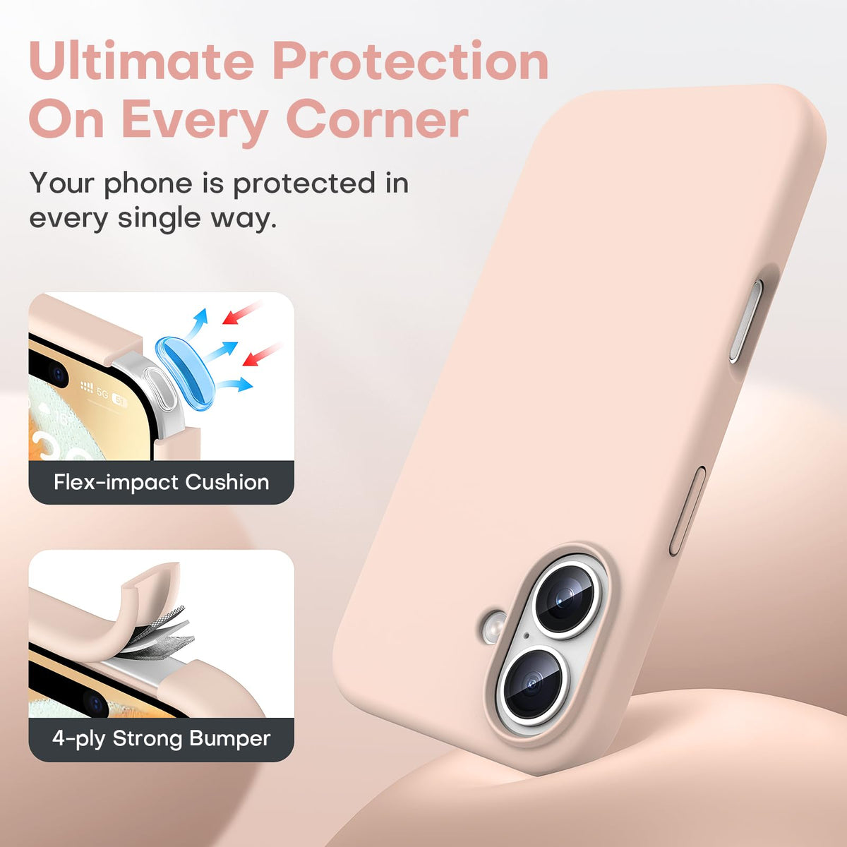 TOCOL 3 in 1 Silicone for iPhone 16 Case 6.1-Inch, with 2 Pack HD Tempered Glass Screen Protector, Liquid Silicone Slim Silky-Soft Touch [Multi-Color] [Anti-Scratch] Shockproof Cover, Pink