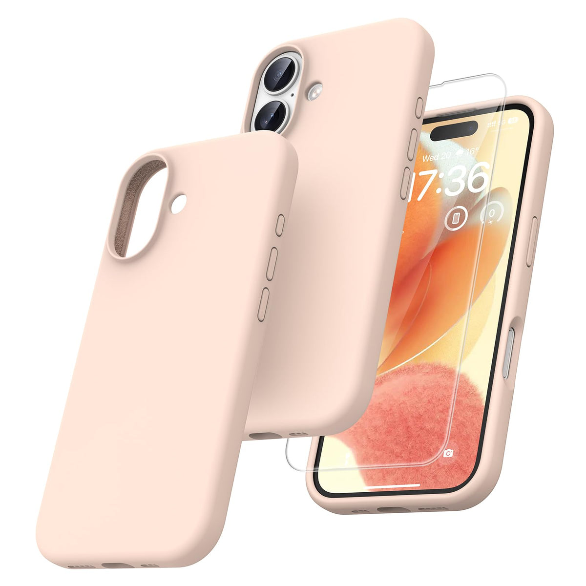 TOCOL 3 in 1 Silicone for iPhone 16 Case 6.1-Inch, with 2 Pack HD Tempered Glass Screen Protector, Liquid Silicone Slim Silky-Soft Touch [Multi-Color] [Anti-Scratch] Shockproof Cover, Pink