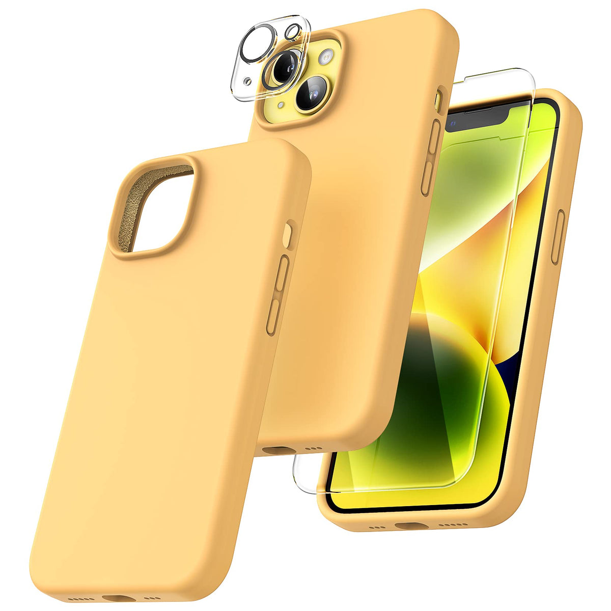 TOCOL 5 in 1 for iPhone 14 Case, with 2 Pack Screen Protector + 2 Pack Camera Lens Protector, Liquid Silicone Phone Case for iPhone 14, Orange