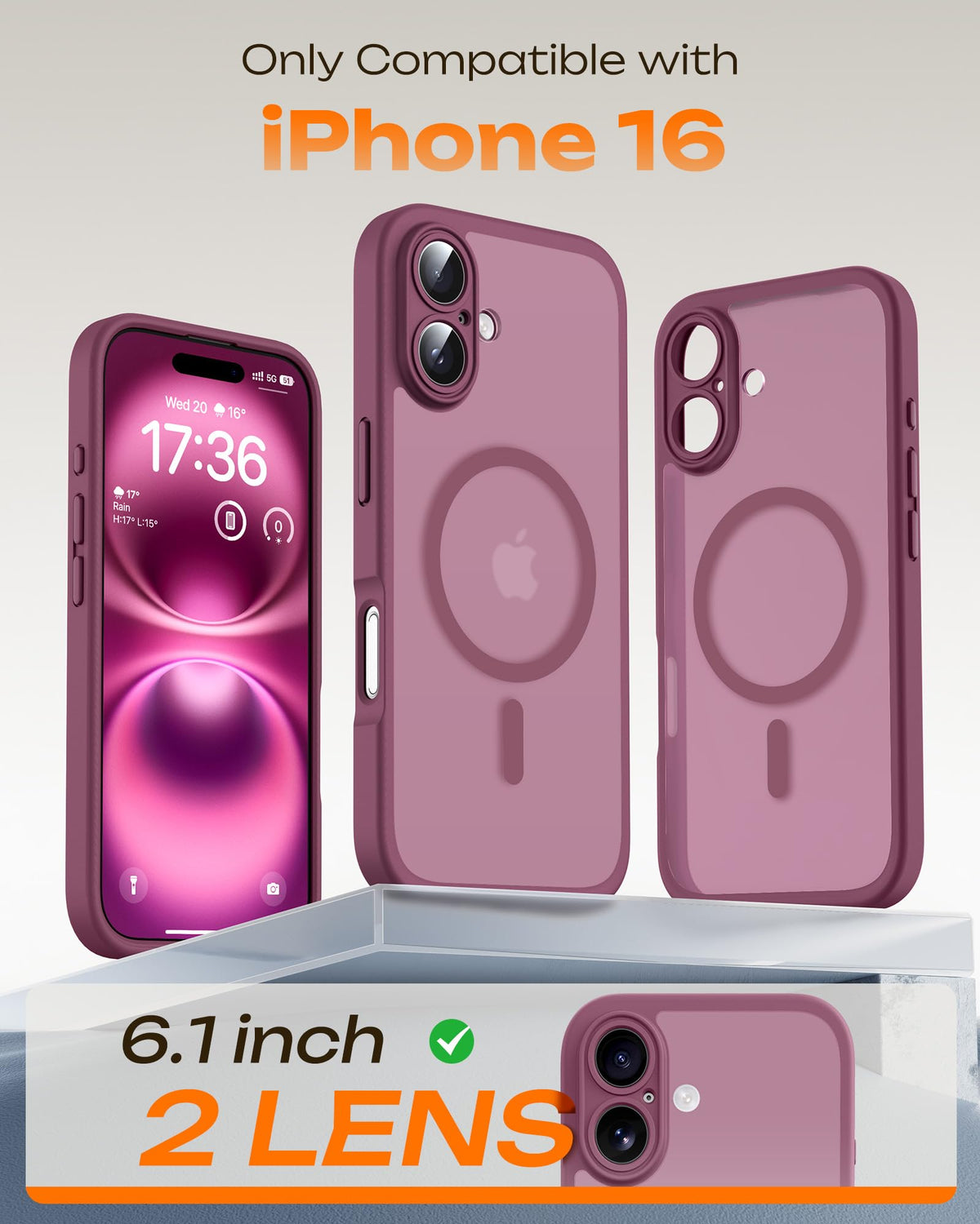 TOCOL for iPhone 16 Case, Compatible with MagSafe, Plum