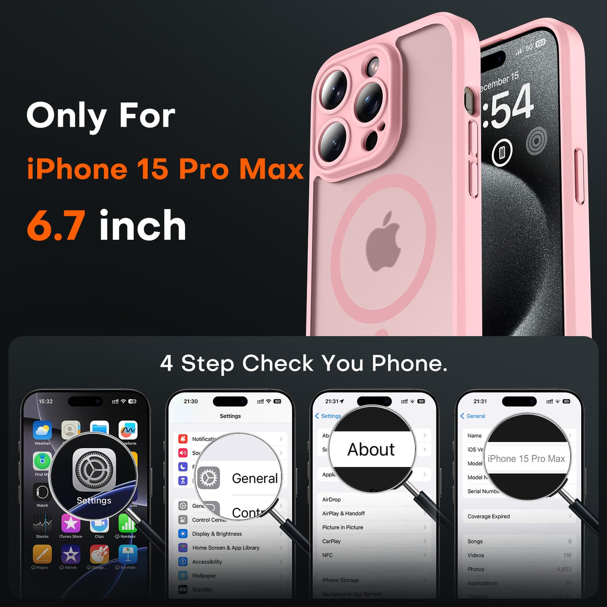 TOCOL for iPhone 15 Pro Max Case, Compatible with MagSafe, Light Pink