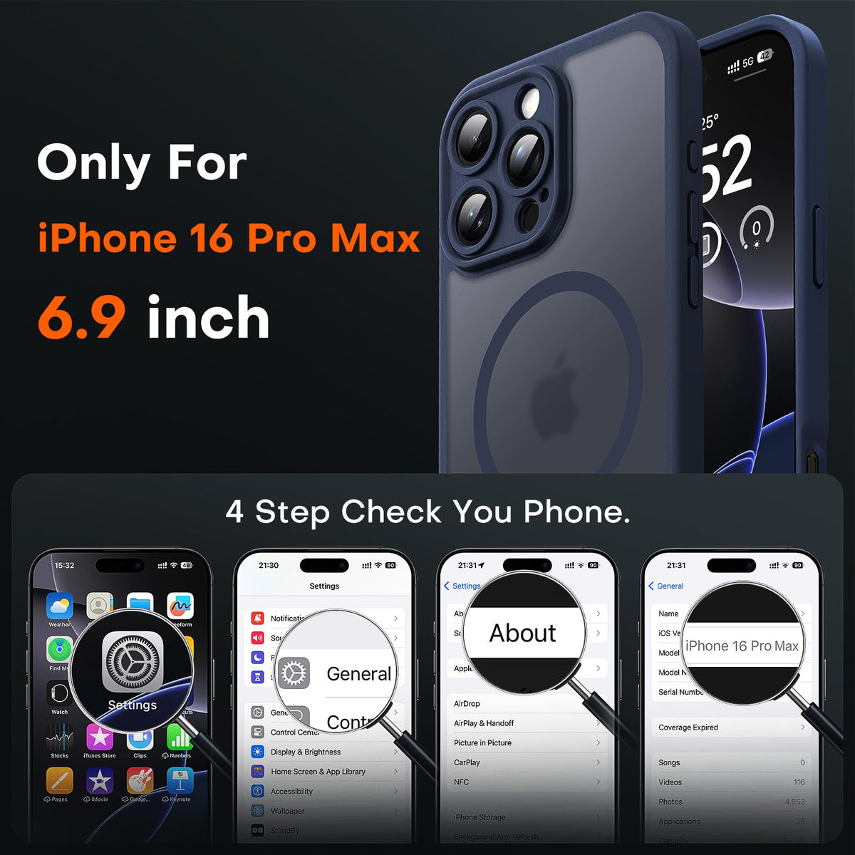 TOCOL Magnetic for iPhone 16 Pro Max Case 6.9-Inch, Fit for MagSafe, Upgraded [Full Camera Protection], [14FT Military Grade Drop Tested] Shockproof Translucent Matte Back Phone Cover (Dark Blue)