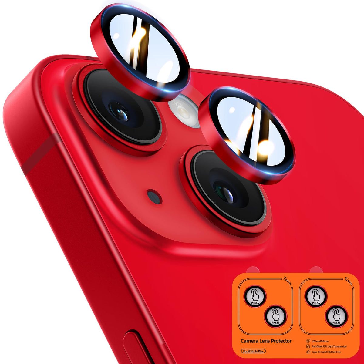 TOCOL Camera Lens Protector for iPhone 14 / iPhone 14 Plus Tempered Glass HD Individual Scratch Resistant Camera Cover Accessories Case Friendly 2 Pack（Red）