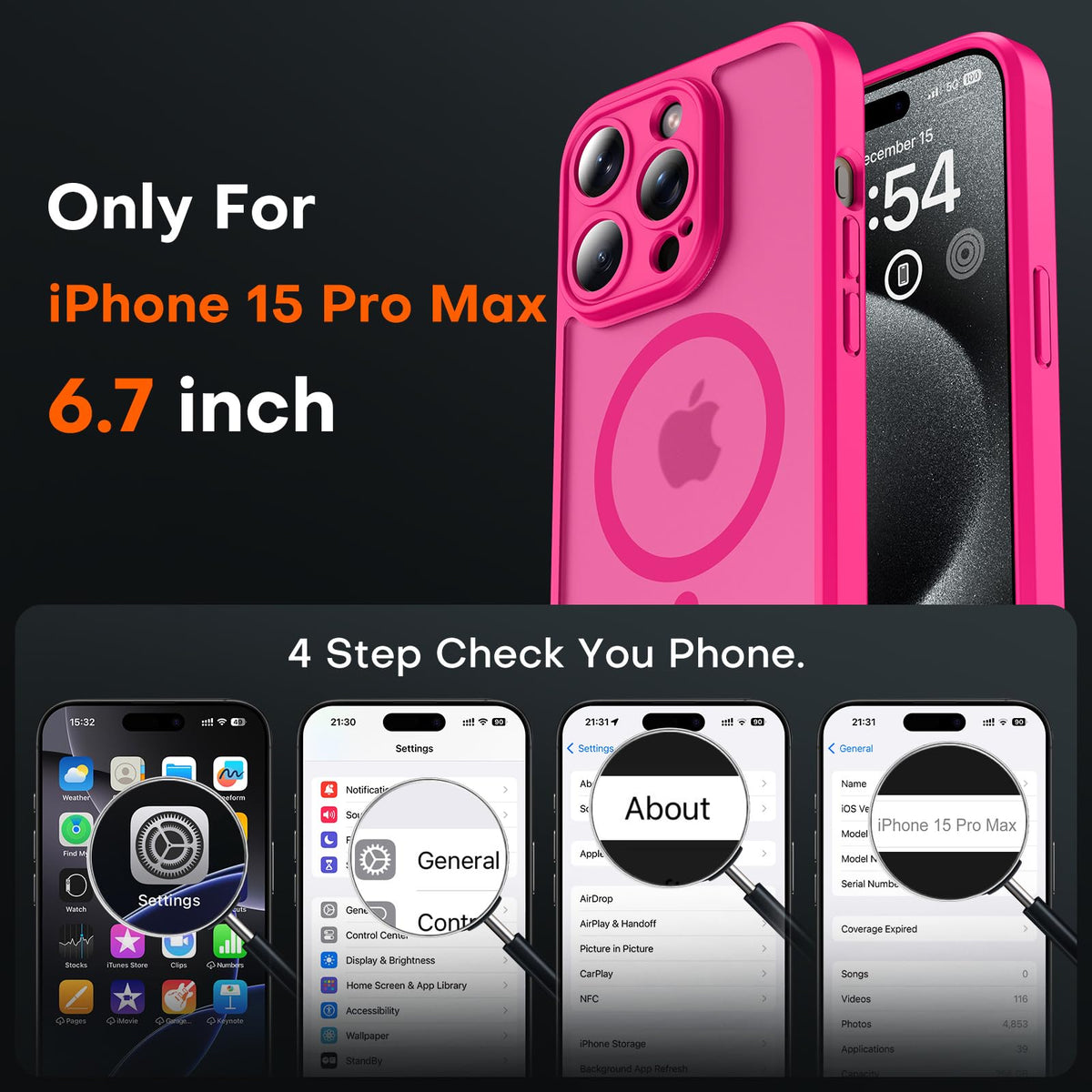 TOCOL for iPhone 15 Pro Max Case, Compatible with MagSafe, Hot Pink