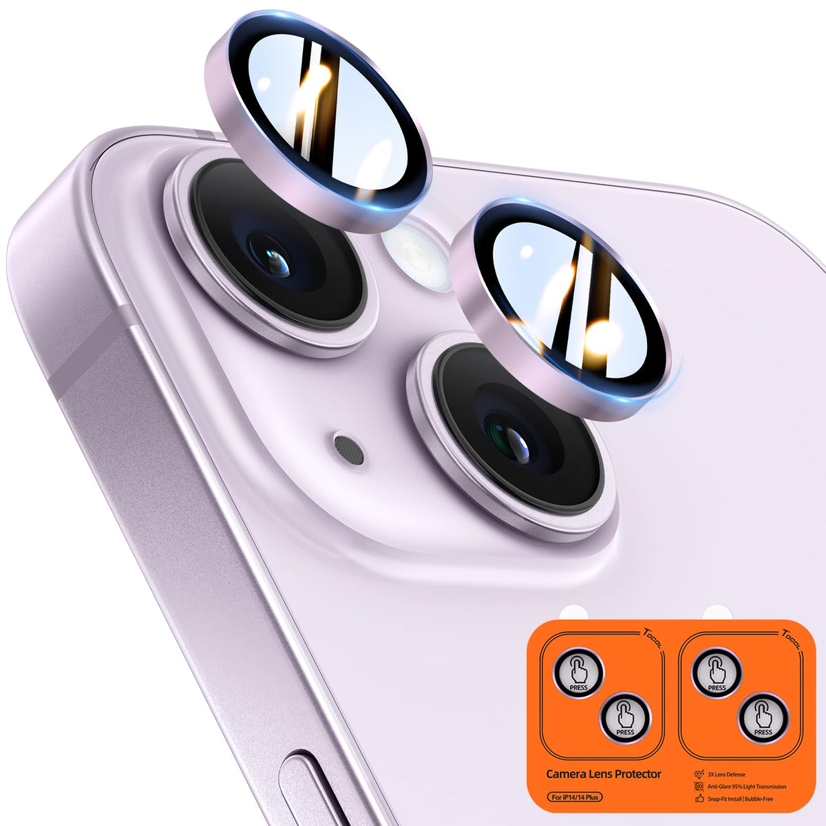 TOCOL Camera Lens Protector for iPhone 14 / iPhone 14 Plus Tempered Glass HD Individual Scratch Resistant Camera Cover Accessories Case Friendly 2 Pack（Light Purple）
