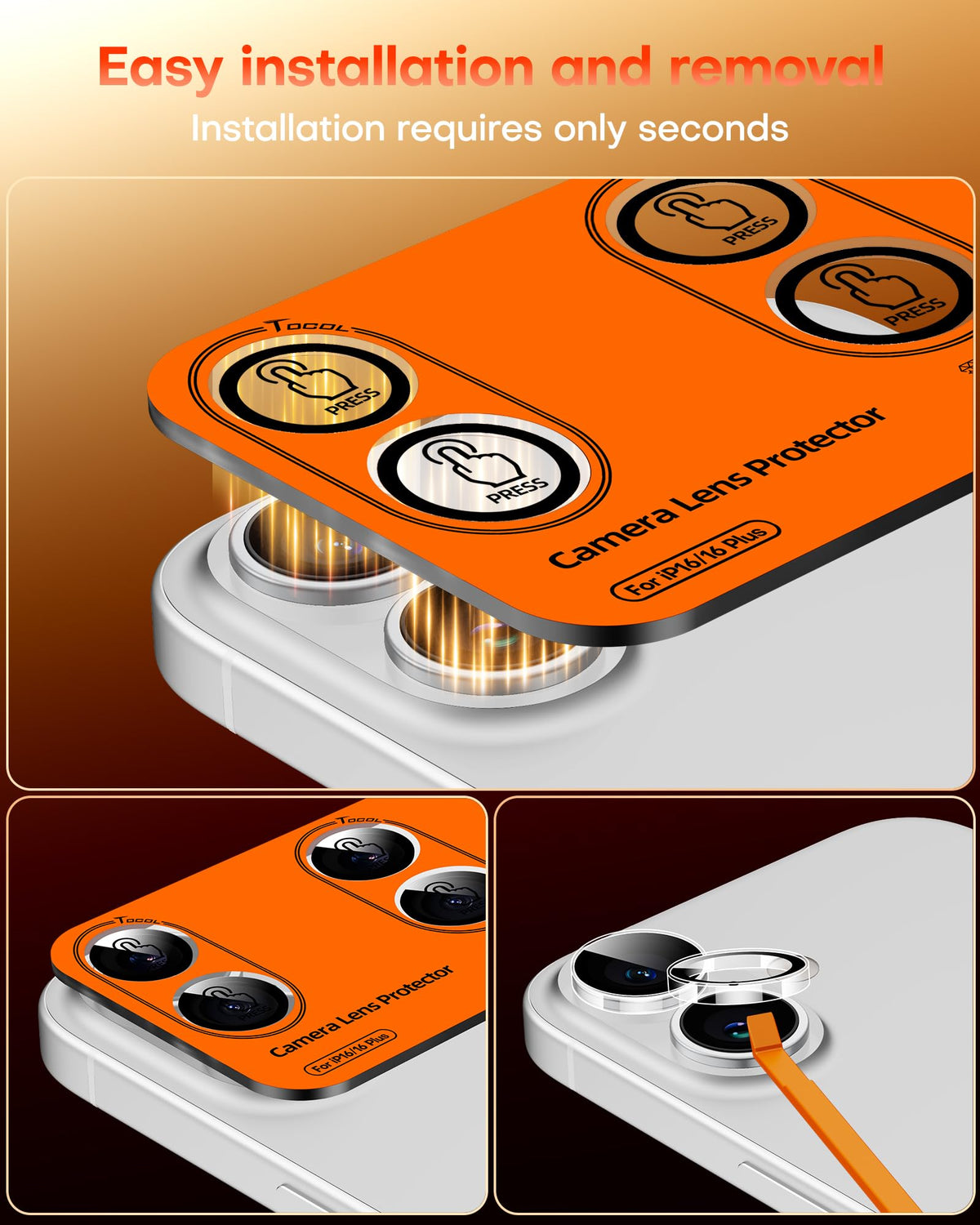 TOCOL Camera Lens Protector for iPhone 16 / iPhone 16 Plus Tempered Glass HD Individual Scratch Resistant Camera Cover Accessories Case Friendly 2 Pack（Clear）