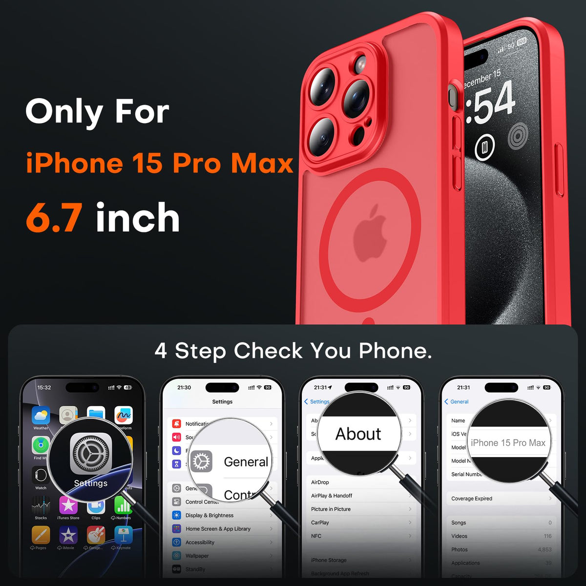 TOCOL for iPhone 15 Pro Max Case, Compatible with MagSafe, Red
