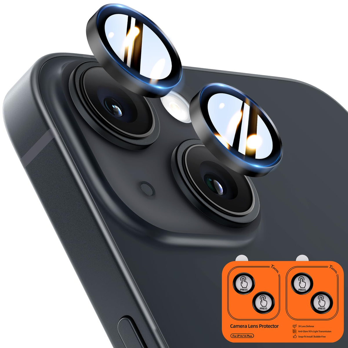 TOCOL Camera Lens Protector for iPhone 14 / iPhone 14 Plus Tempered Glass HD Individual Scratch Resistant Camera Cover Accessories Case Friendly 2 Pack（Black）