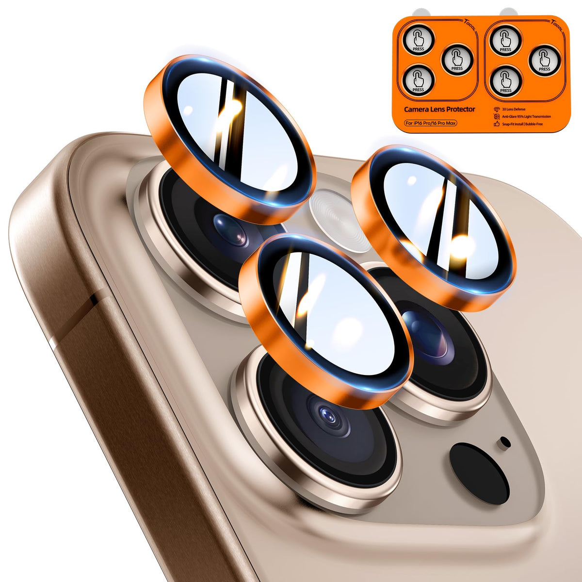 TOCOL for iPhone 16 Pro Max Camera Lens Protector/iPhone 16 Pro Camera Lens Protector Tempered Glass HD Individual Scratch Resistant Cover Accessories Case Friendly 2 Pack（Orange）
