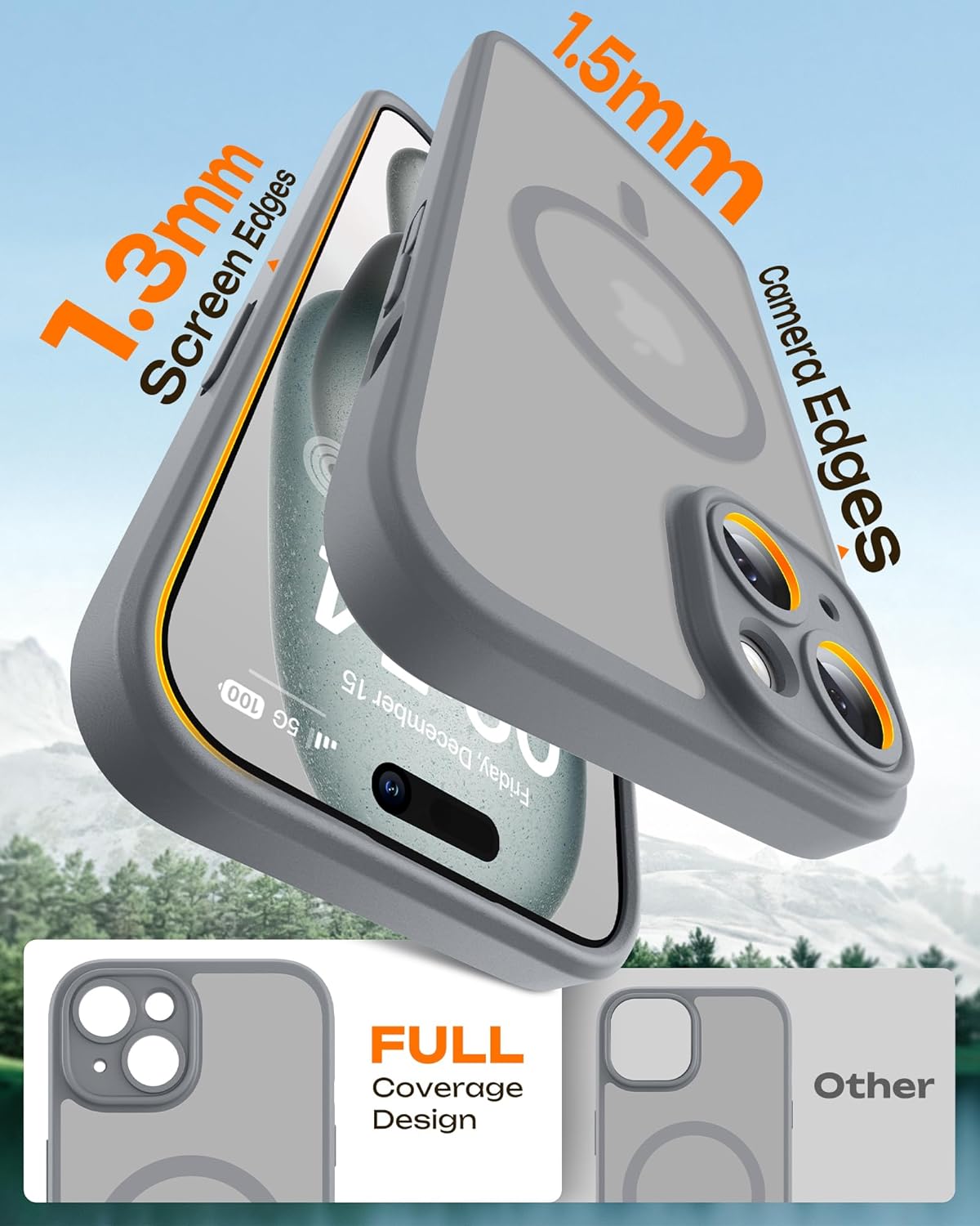 TOCOL Magnetic for iPhone 15 Case 6.1-Inch, Fit for MagSafe, Upgraded Full Camera Protection, 14FT Military Grade Shockproof Thin Slim Frosted Translucent Matte Back Phone Cover (Titan Gray)