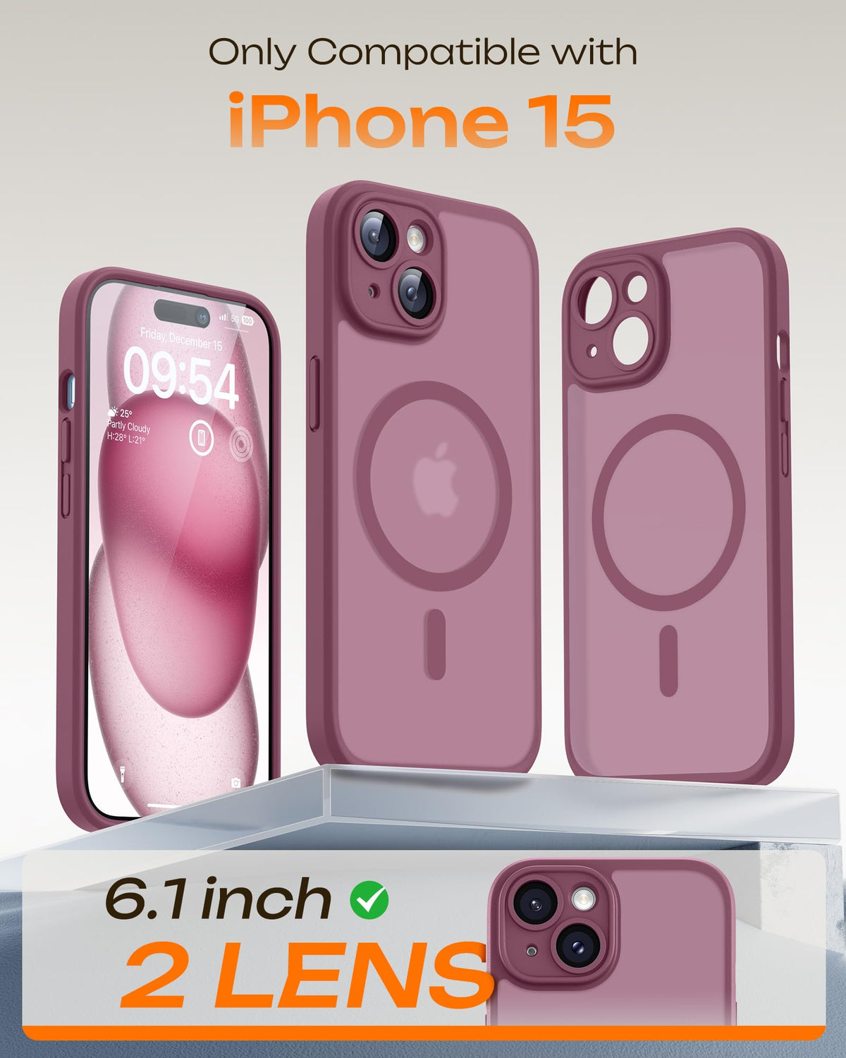 TOCOL for iPhone 15 Case, Compatible with MagSafe, Plum