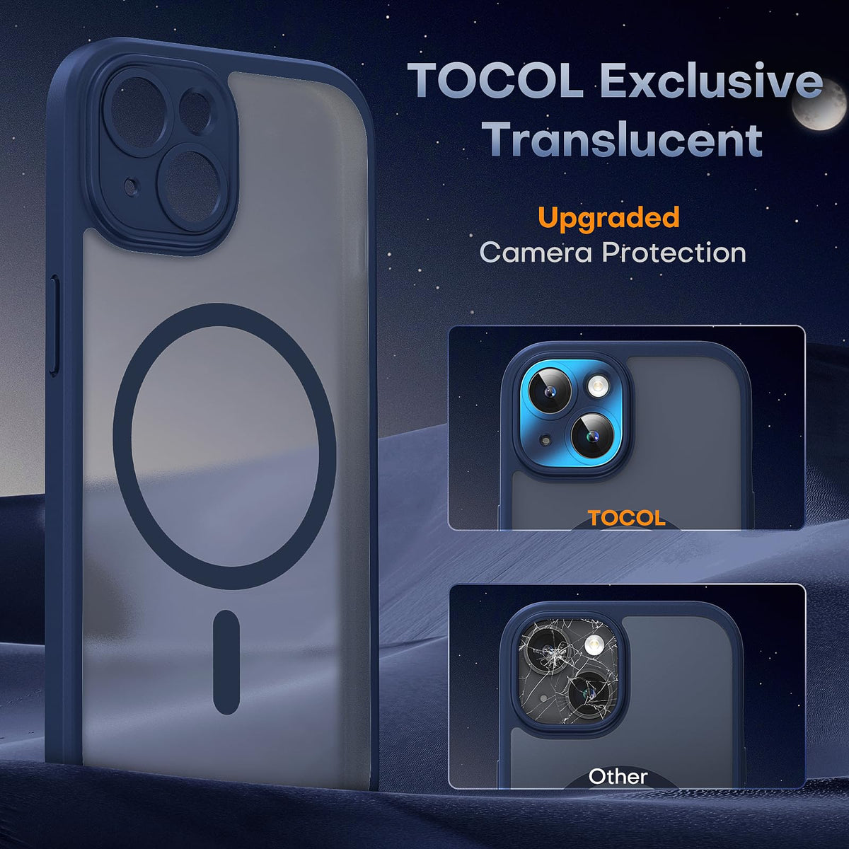 TOCOL Magnetic for iPhone 15 Plus Case 6.7-Inch, Fit for MagSafe, Upgraded [Full Camera Protection], [14FT Military Grade Drop Tested] Shockproof Slim Translucent Matte Back Cover (Dark Blue)