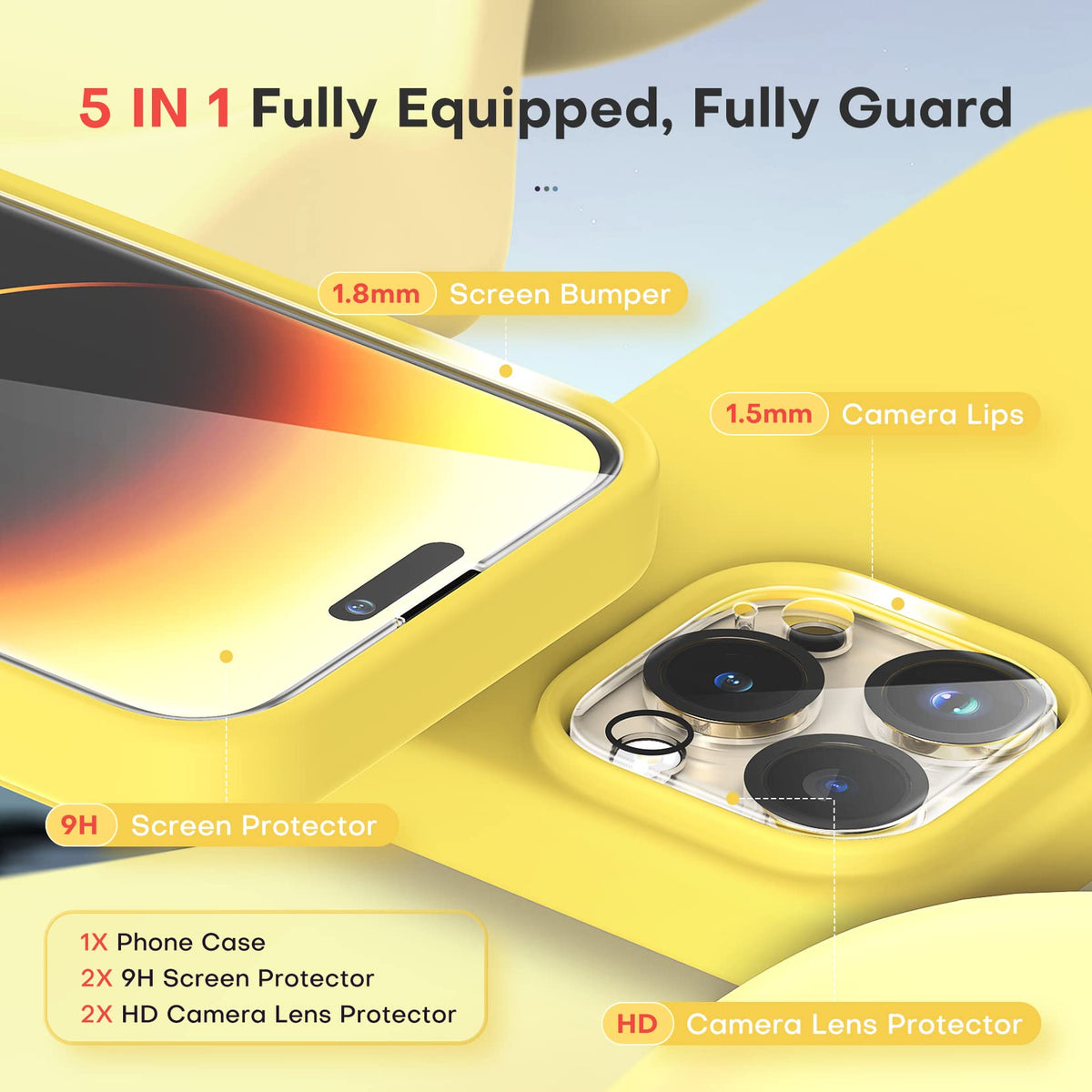 TOCOL [5 in 1 Designed for iPhone 14 Pro Case, with 2 Pack Screen Protector + 2 Pack Camera Lens Protector, Liquid Silicone Phone Case 6.1 Inch, [Anti-Scratch] [Drop Protection], Canary Yellow