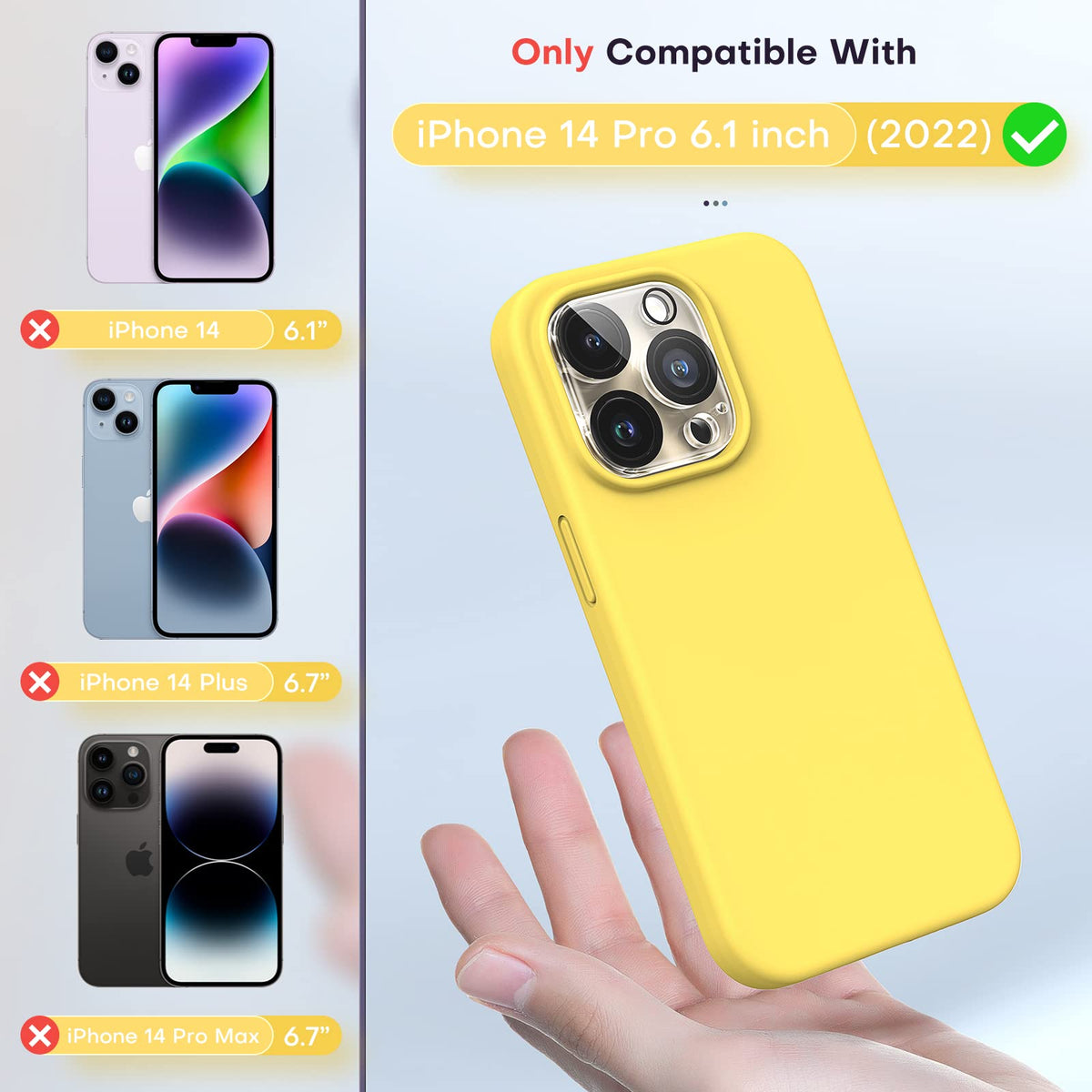 TOCOL [5 in 1 Designed for iPhone 14 Pro Case, with 2 Pack Screen Protector + 2 Pack Camera Lens Protector, Liquid Silicone Phone Case 6.1 Inch, [Anti-Scratch] [Drop Protection], Canary Yellow