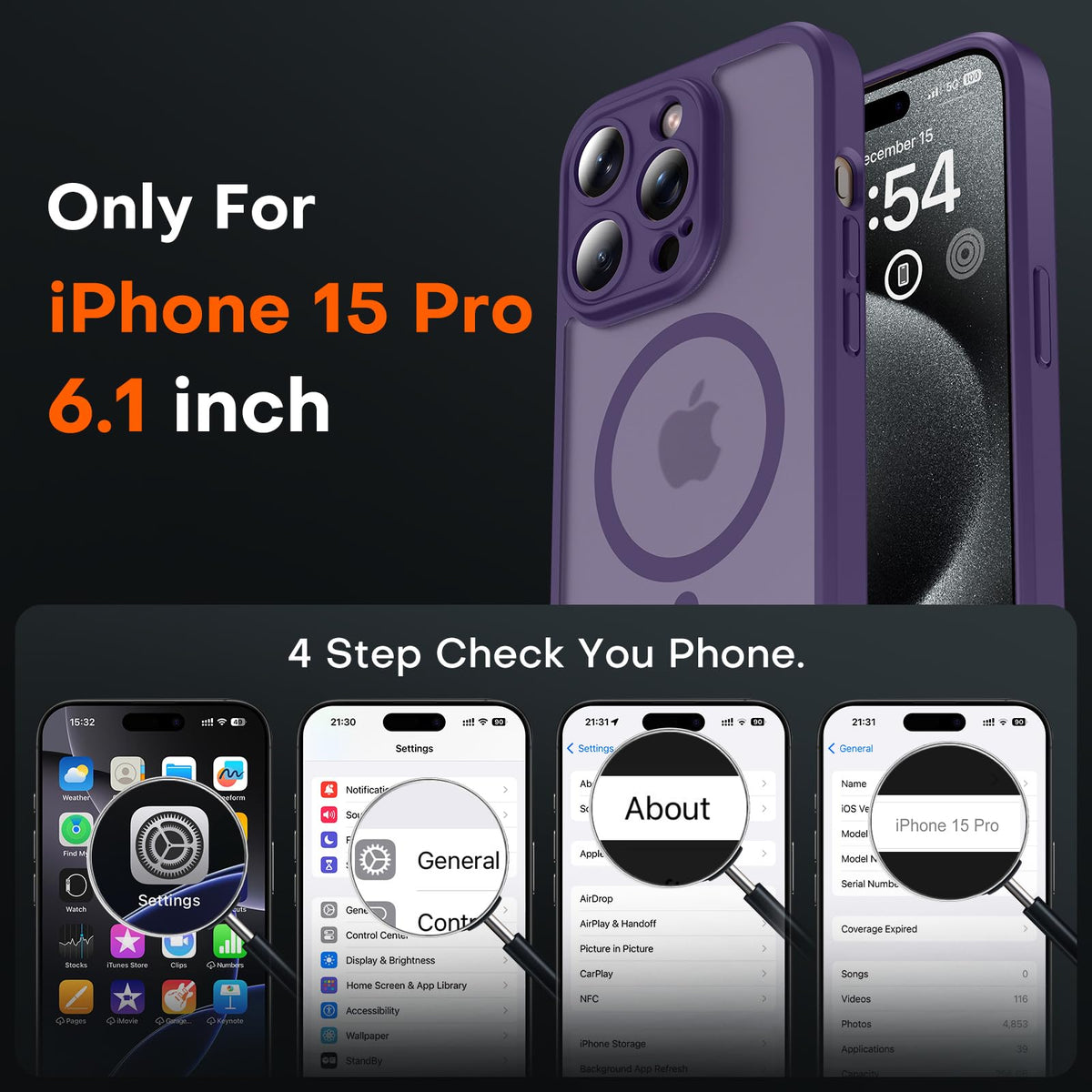 TOCOL for iPhone 15 Pro Case, Compatible with MagSafe, Mdnight Purple