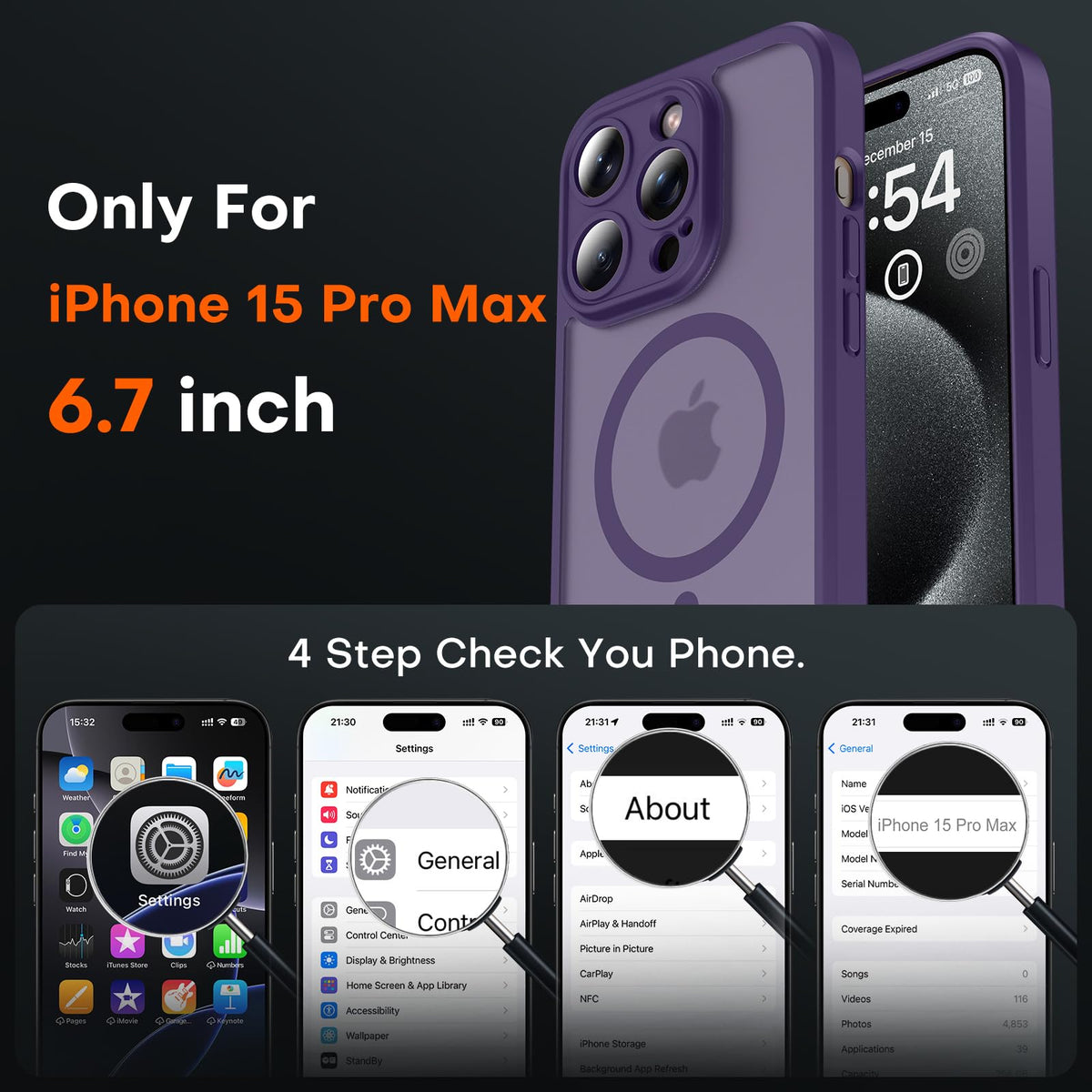 TOCOL for iPhone 15 Pro Max Case, Compatible with MagSafe, Mdnight Purple