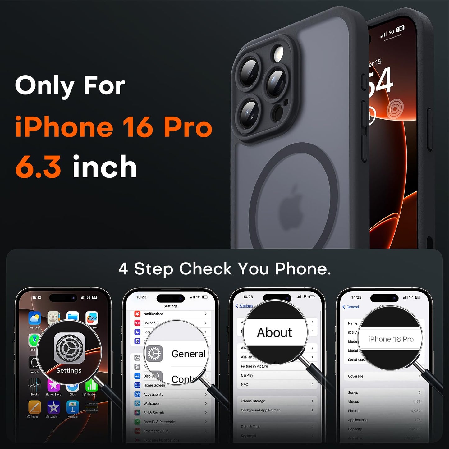 TOCOL for iPhone 16 Pro Case with Camera Control Capture Button, Compatible with Magsafe Charger, Built-in Magnetic Ring, Translucent Matte Phone Case for iPhone 16 Pro 6.3 inch (Key Black)