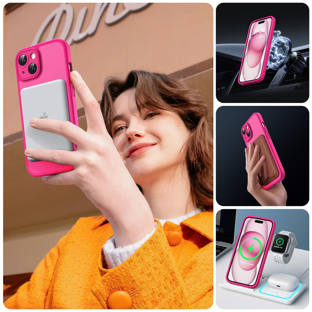 TOCOL for iPhone 15 Case, Compatible with MagSafe, Hot Pink
