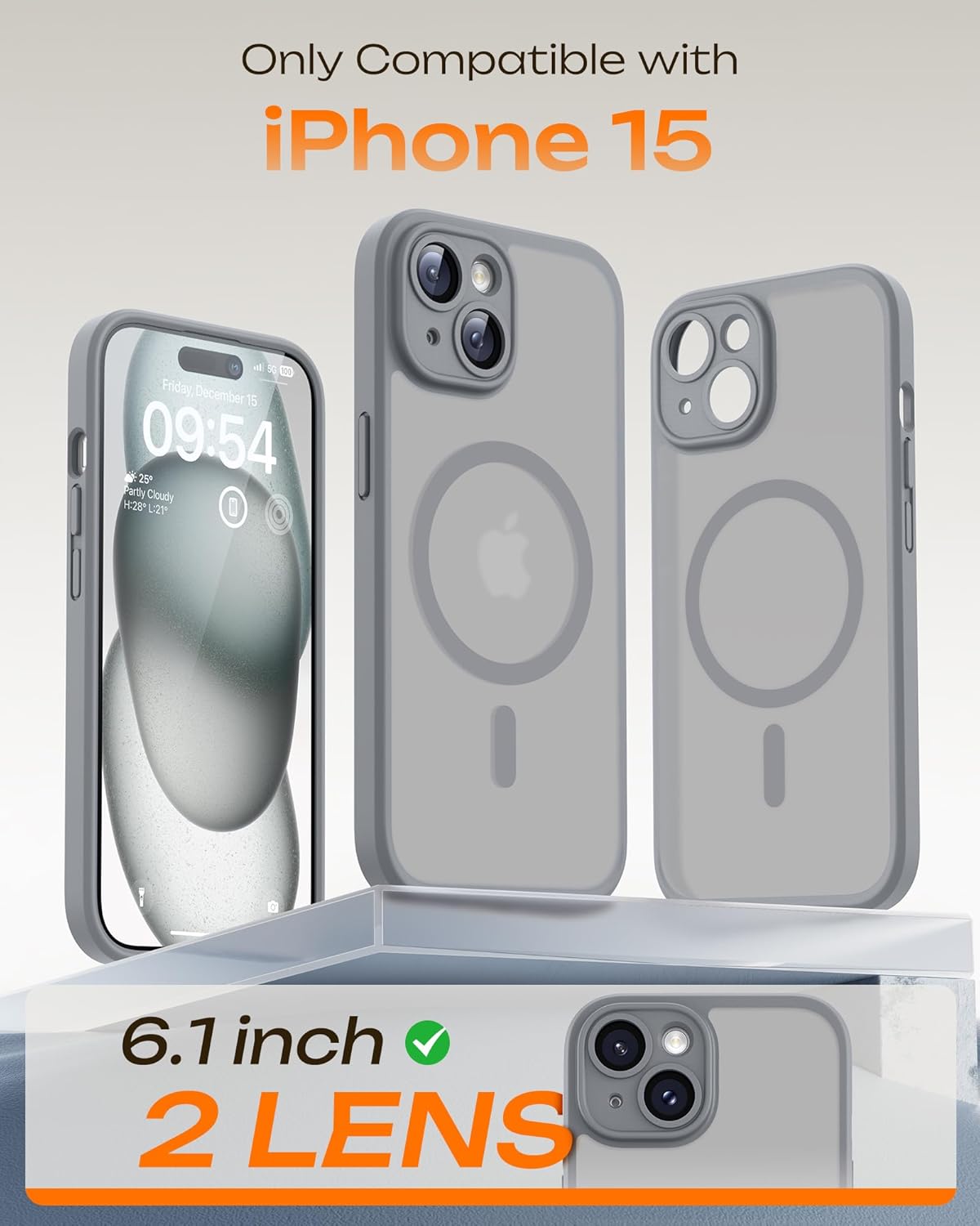 TOCOL Magnetic for iPhone 15 Case 6.1-Inch, Fit for MagSafe, Upgraded Full Camera Protection, 14FT Military Grade Shockproof Thin Slim Frosted Translucent Matte Back Phone Cover (Titan Gray)