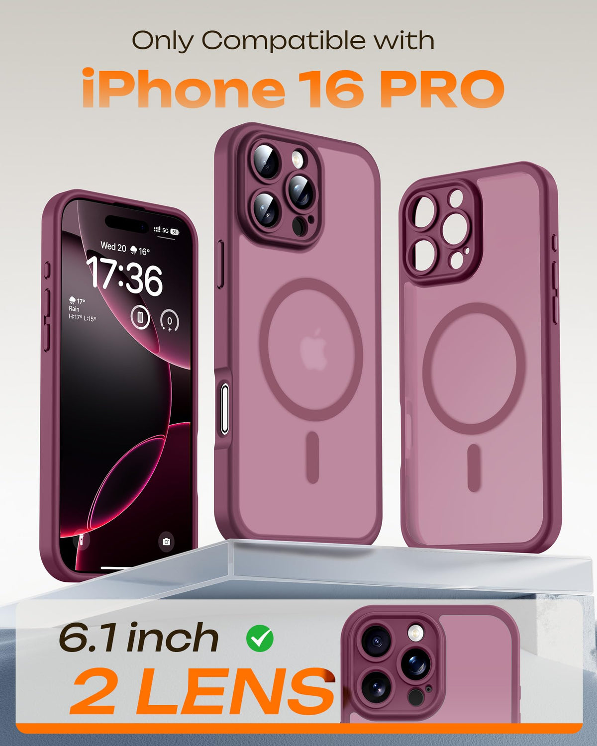 TOCOL for iPhone 16 Pro Case, Compatible with MagSafe, Plum