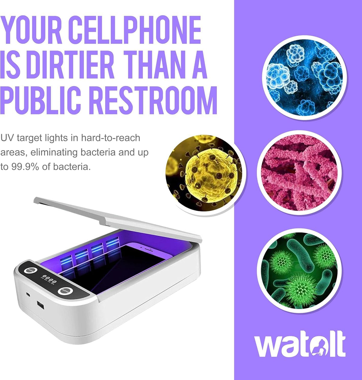 TOCOL UV Phone Sterilizer Boxes Light Sanitizer Cell Phone Cleaner Fits Phones up to 6.6 in, Fits iPhone & Android No Liquids Heat or Chemicals For Keys Earbuds Hardness Military Grade Shatterproof